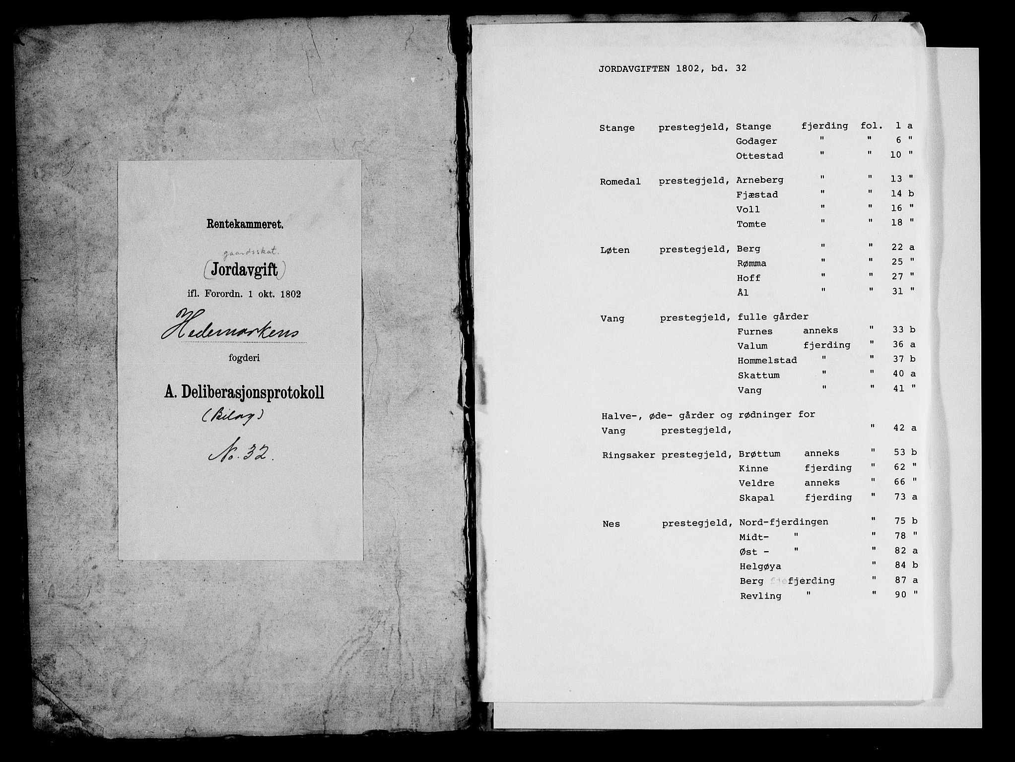 Rentekammeret inntil 1814, Realistisk ordnet avdeling, RA/EA-4070/N/Ne/Nea/L0032: Hedmark fogderi. Bilag til deliberasjonsprotokoll, 1803, p. 1