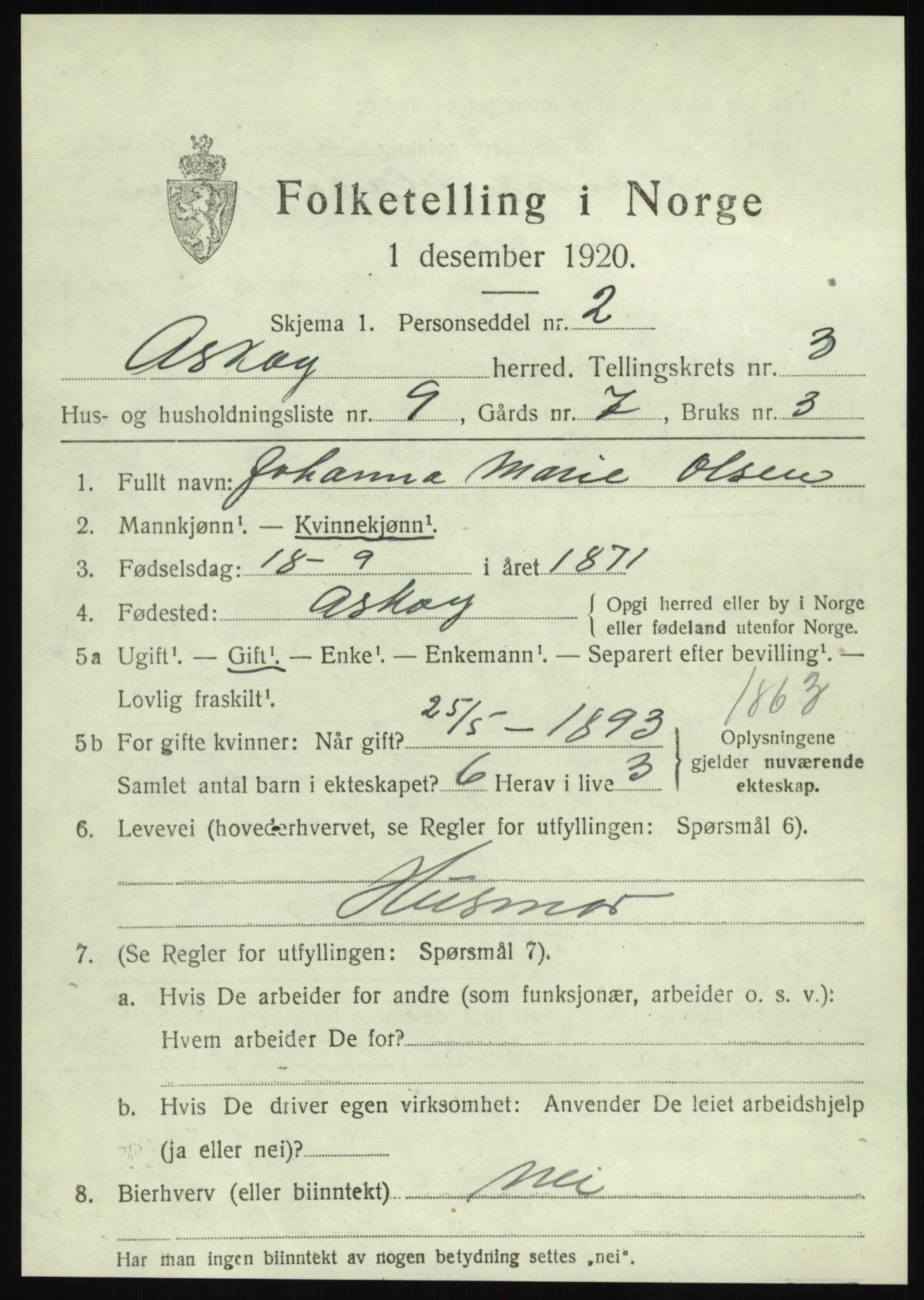 SAB, 1920 census for Askøy, 1920, p. 6448