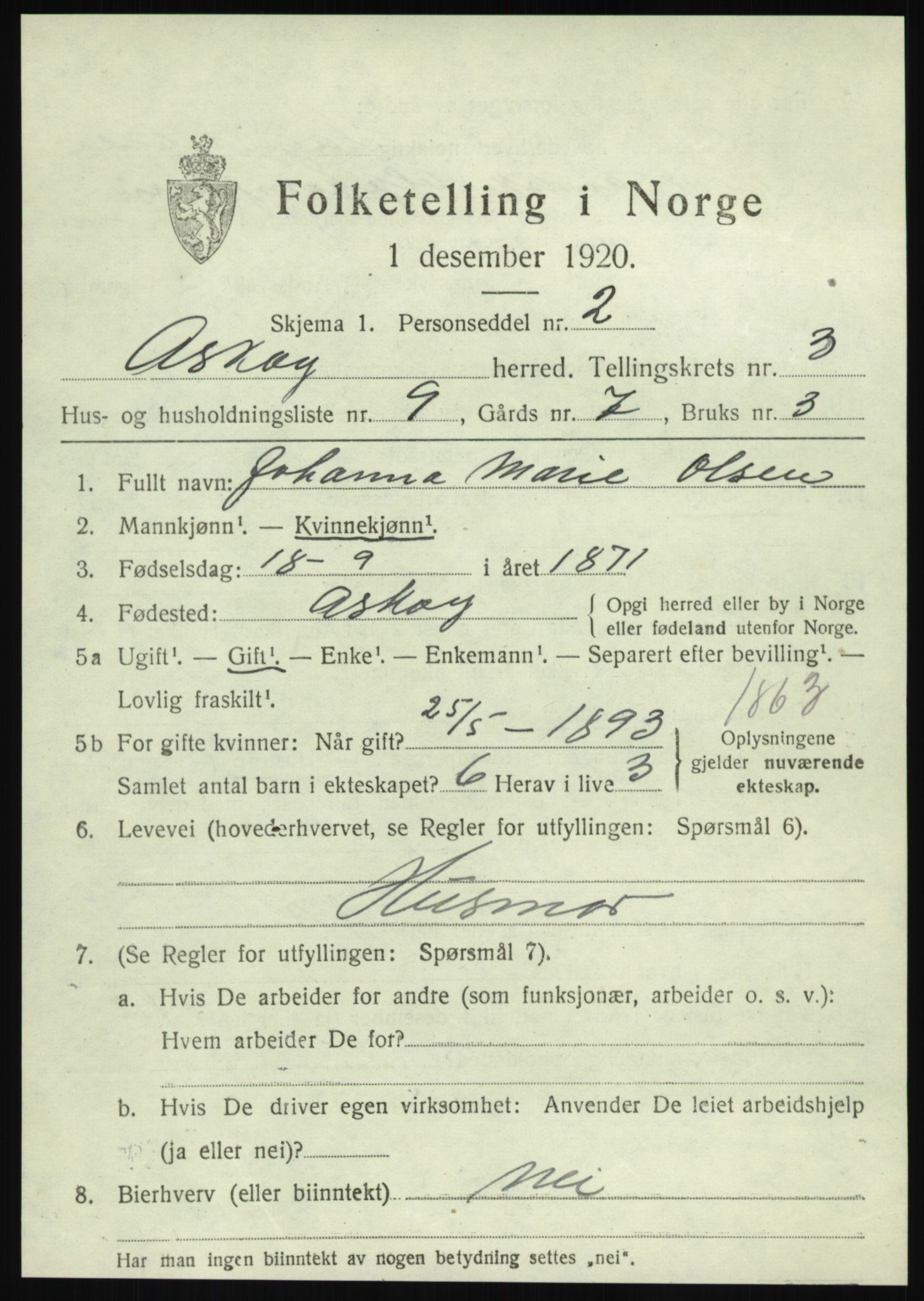 SAB, 1920 census for Askøy, 1920, p. 6448