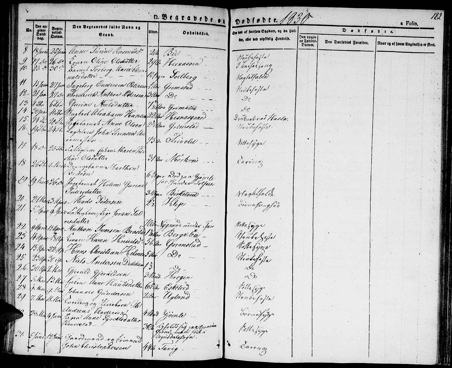 Fjære sokneprestkontor, AV/SAK-1111-0011/F/Fa/L0002: Parish register (official) no. A 2, 1827-1839, p. 182