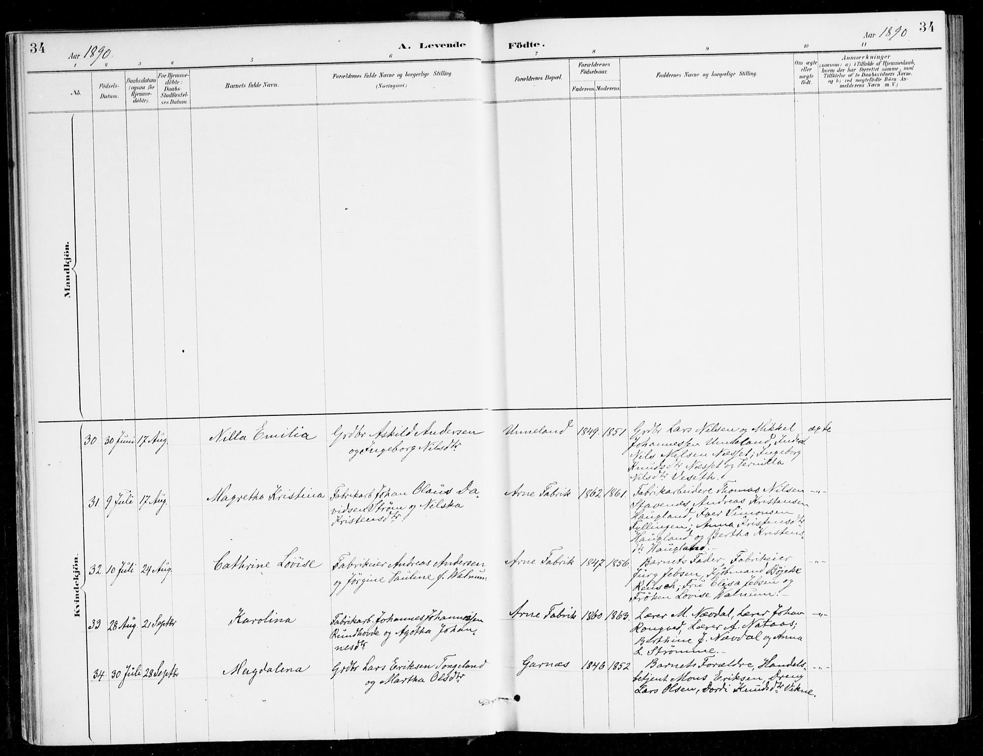 Haus sokneprestembete, AV/SAB-A-75601/H/Haa/Haad/L0001: Parish register (official) no. D 1, 1887-1898, p. 34