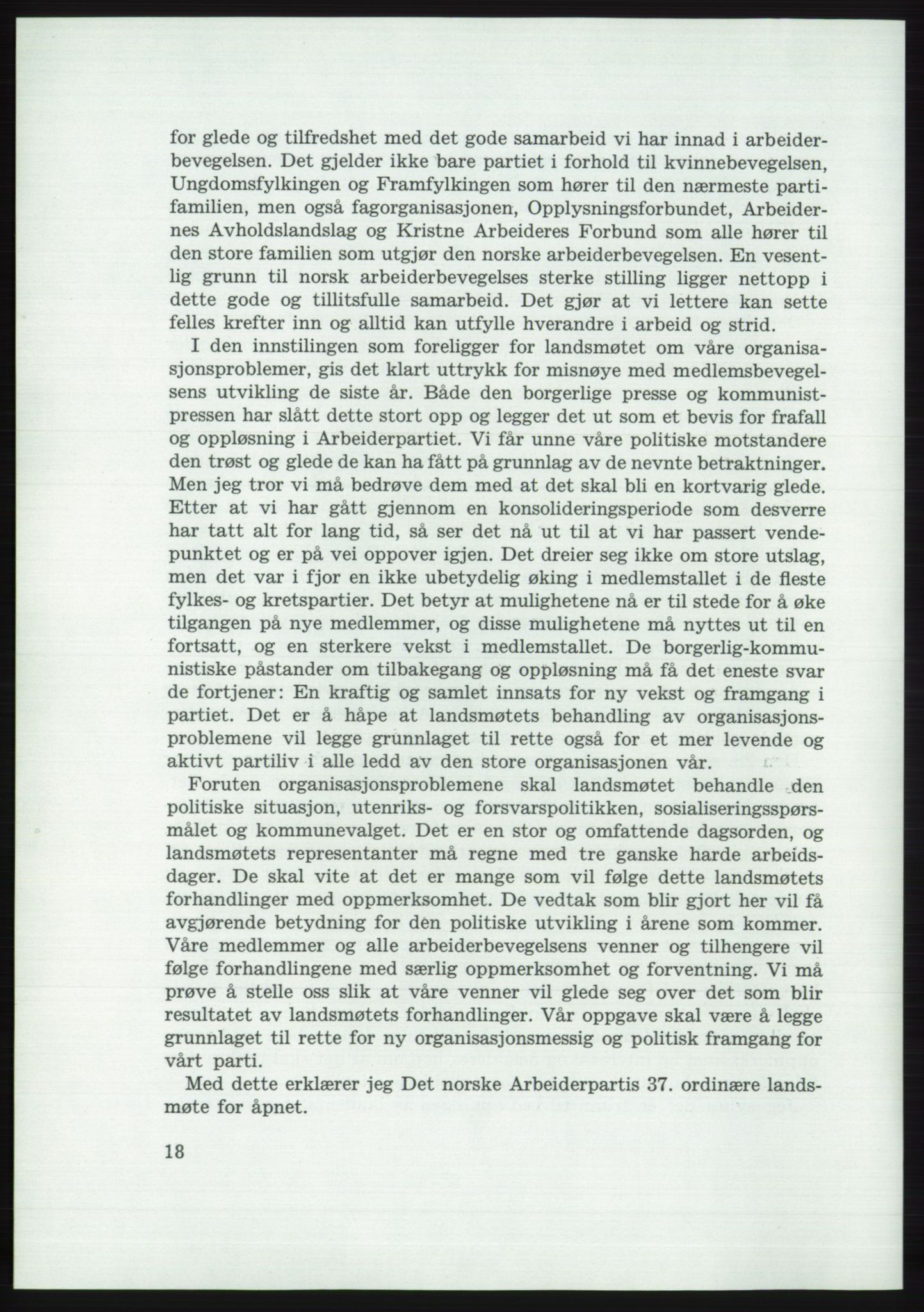 Det norske Arbeiderparti - publikasjoner, AAB/-/-/-: Protokoll over forhandlingene på det 37. ordinære landsmøte 7.-9. mai 1959 i Oslo, 1959, p. 18