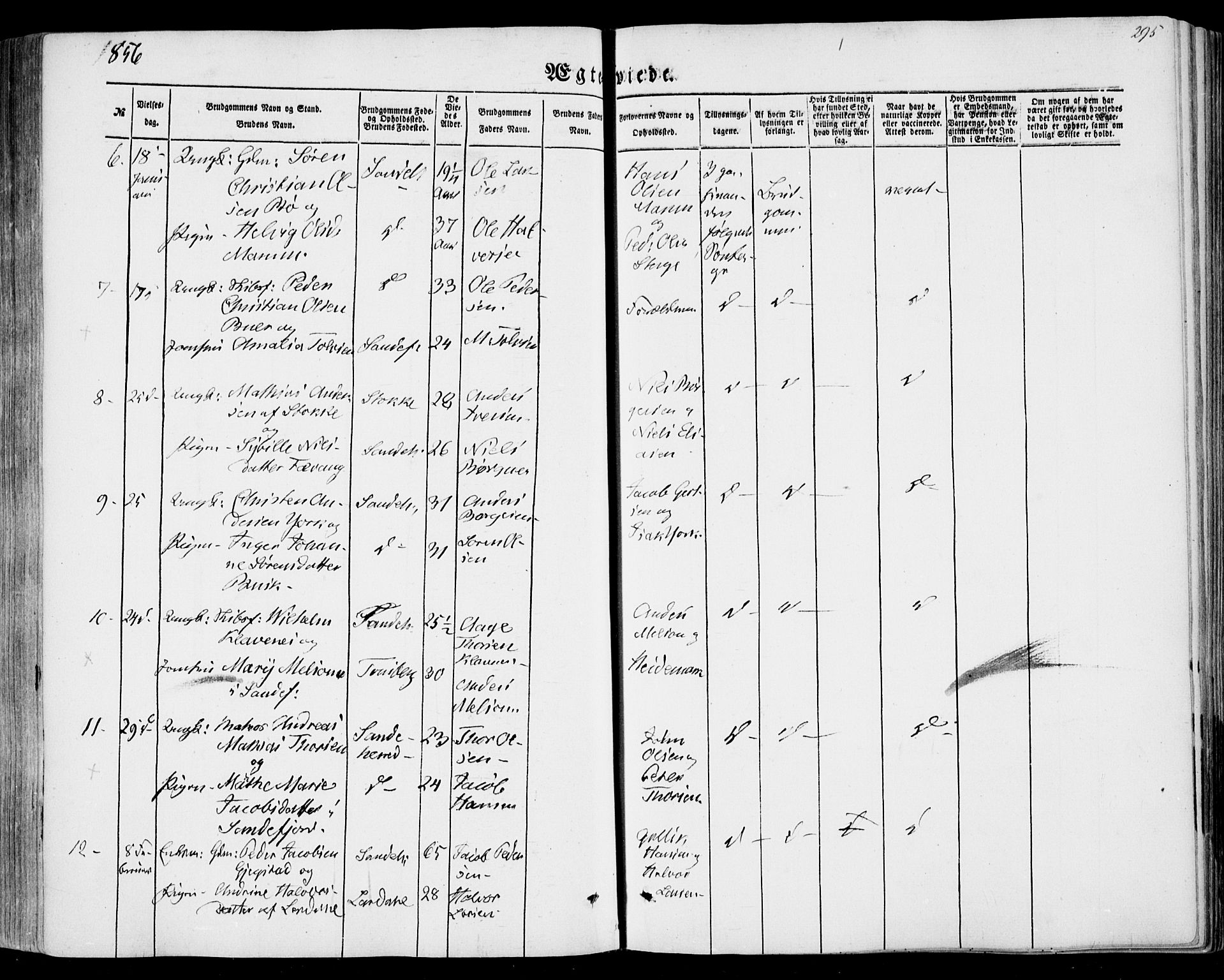 Sandar kirkebøker, SAKO/A-243/F/Fa/L0007: Parish register (official) no. 7, 1855-1861, p. 295