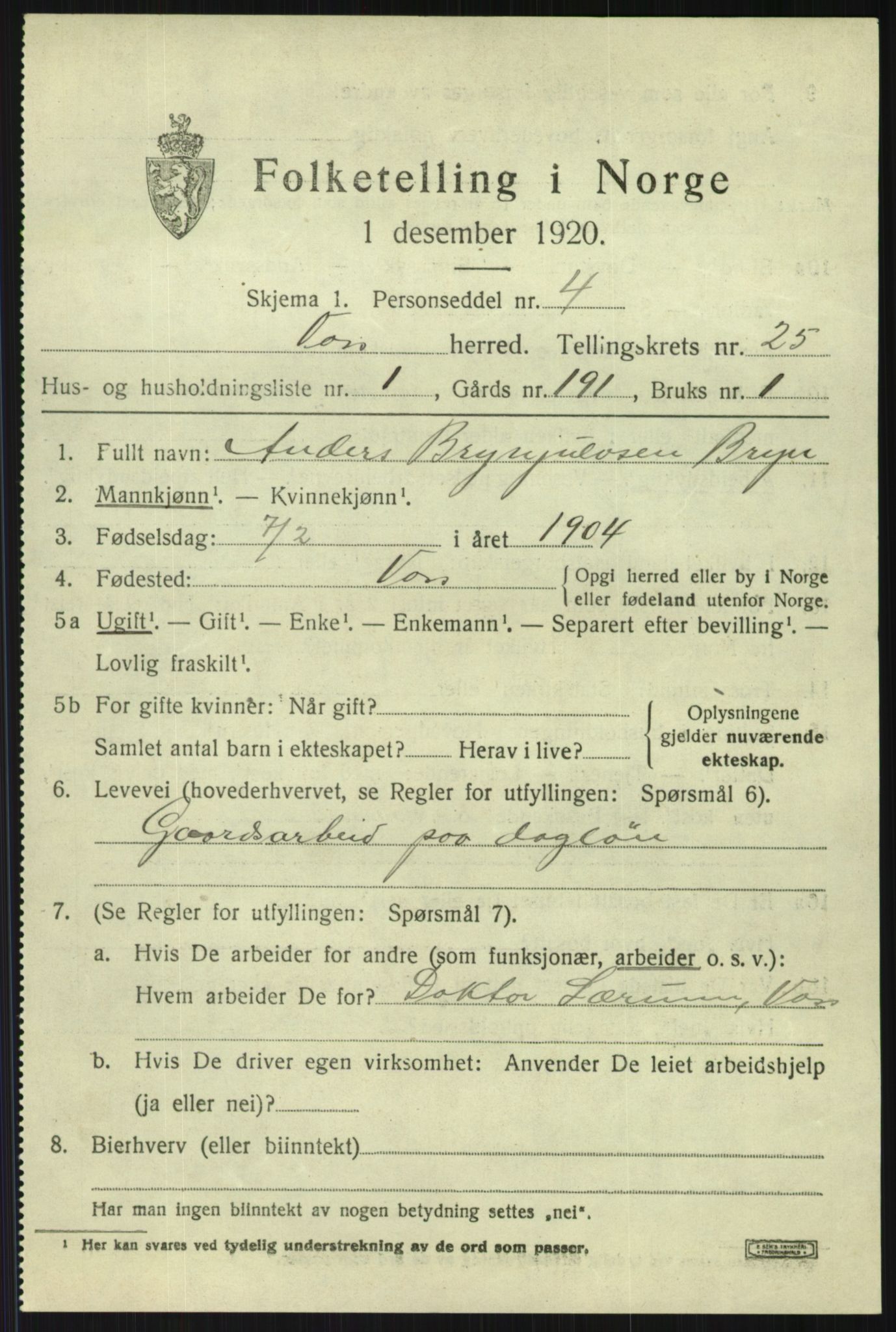 SAB, 1920 census for Voss, 1920, p. 16683