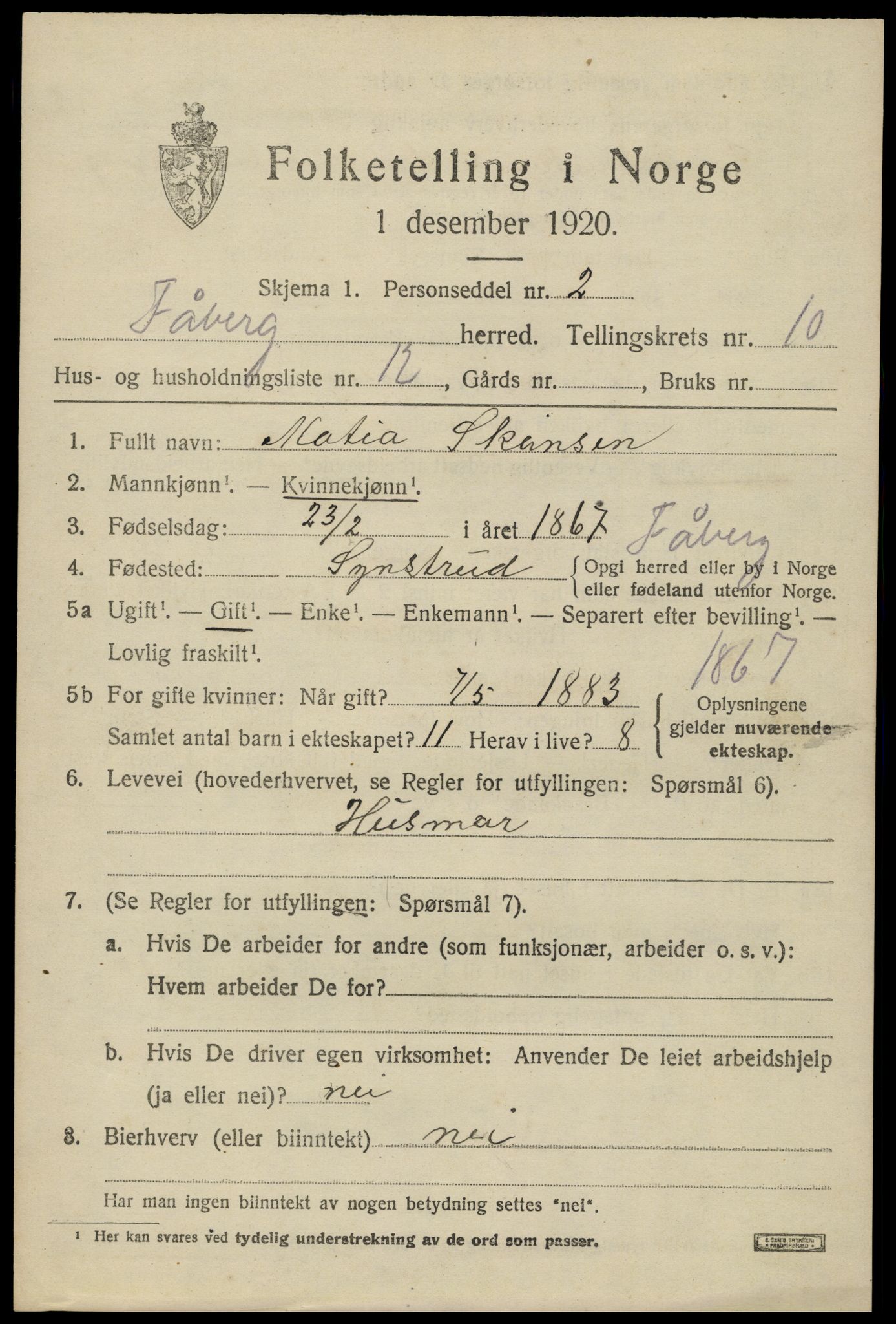 SAH, 1920 census for Fåberg, 1920, p. 11768