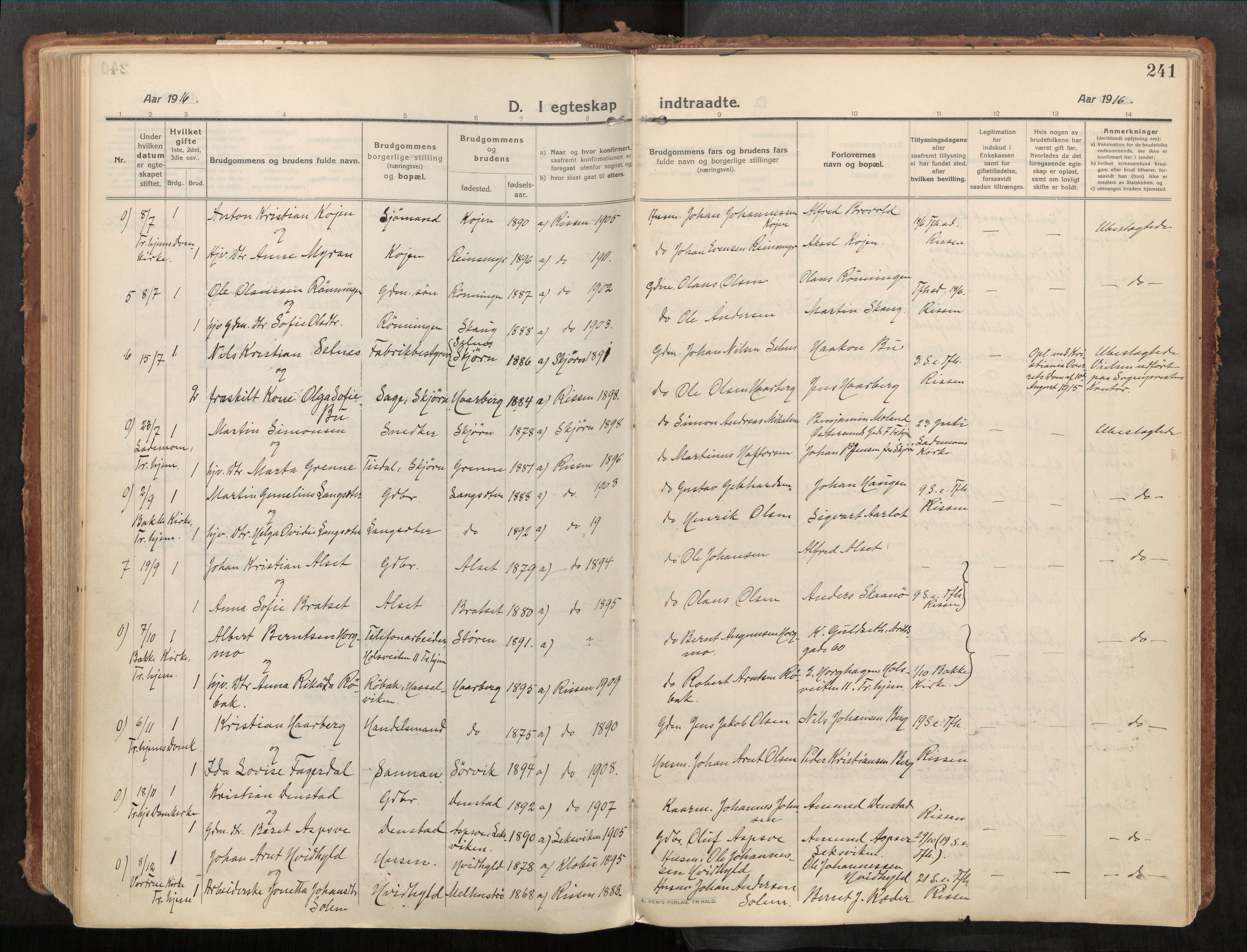 Stadsbygd sokneprestkontor, SAT/A-1117/1/I/I1/I1a/L0001: Parish register (official) no. 1, 1911-1929, p. 241