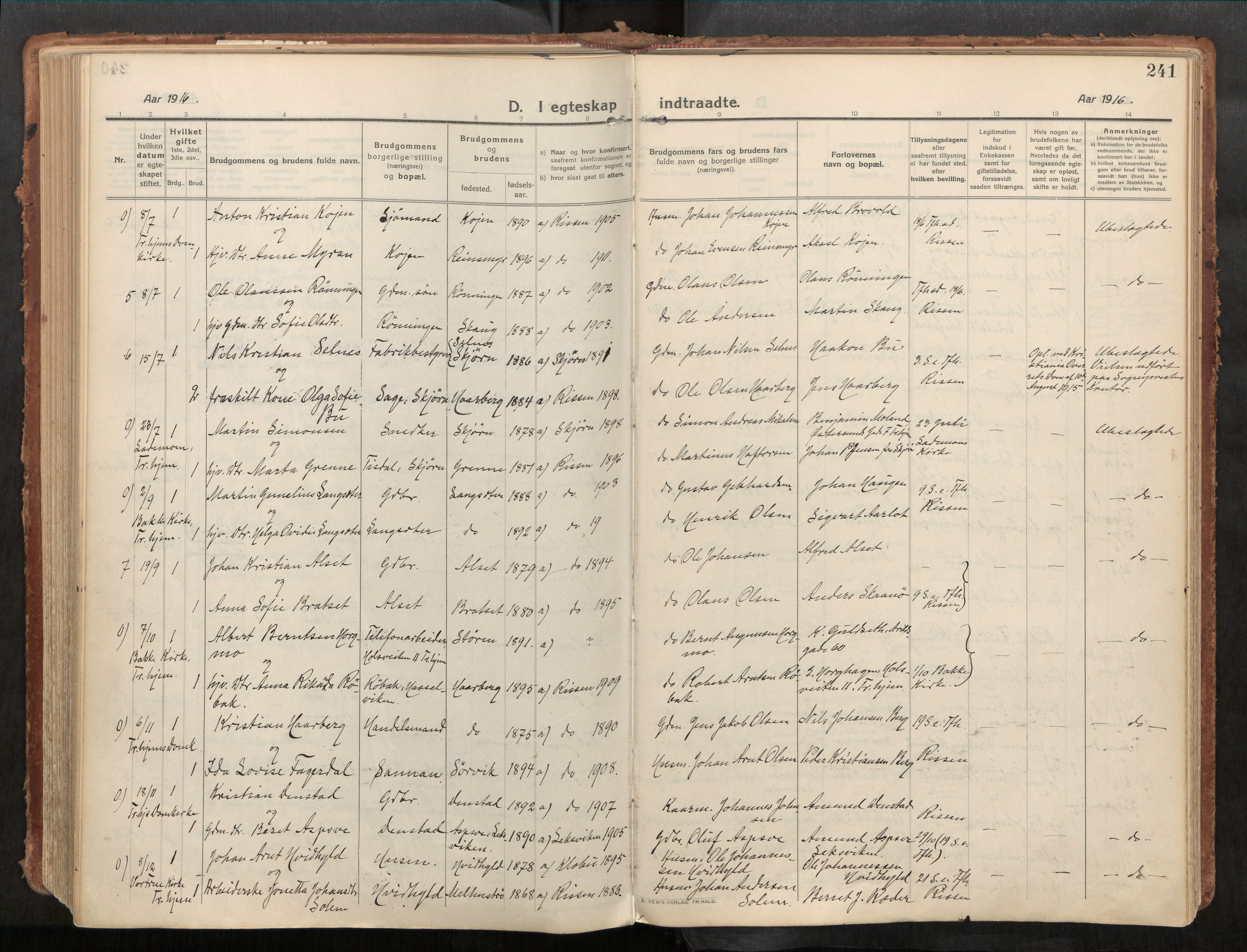 Stadsbygd sokneprestkontor, AV/SAT-A-1117/1/I/I1/I1a/L0001: Parish register (official) no. 1, 1911-1929, p. 241