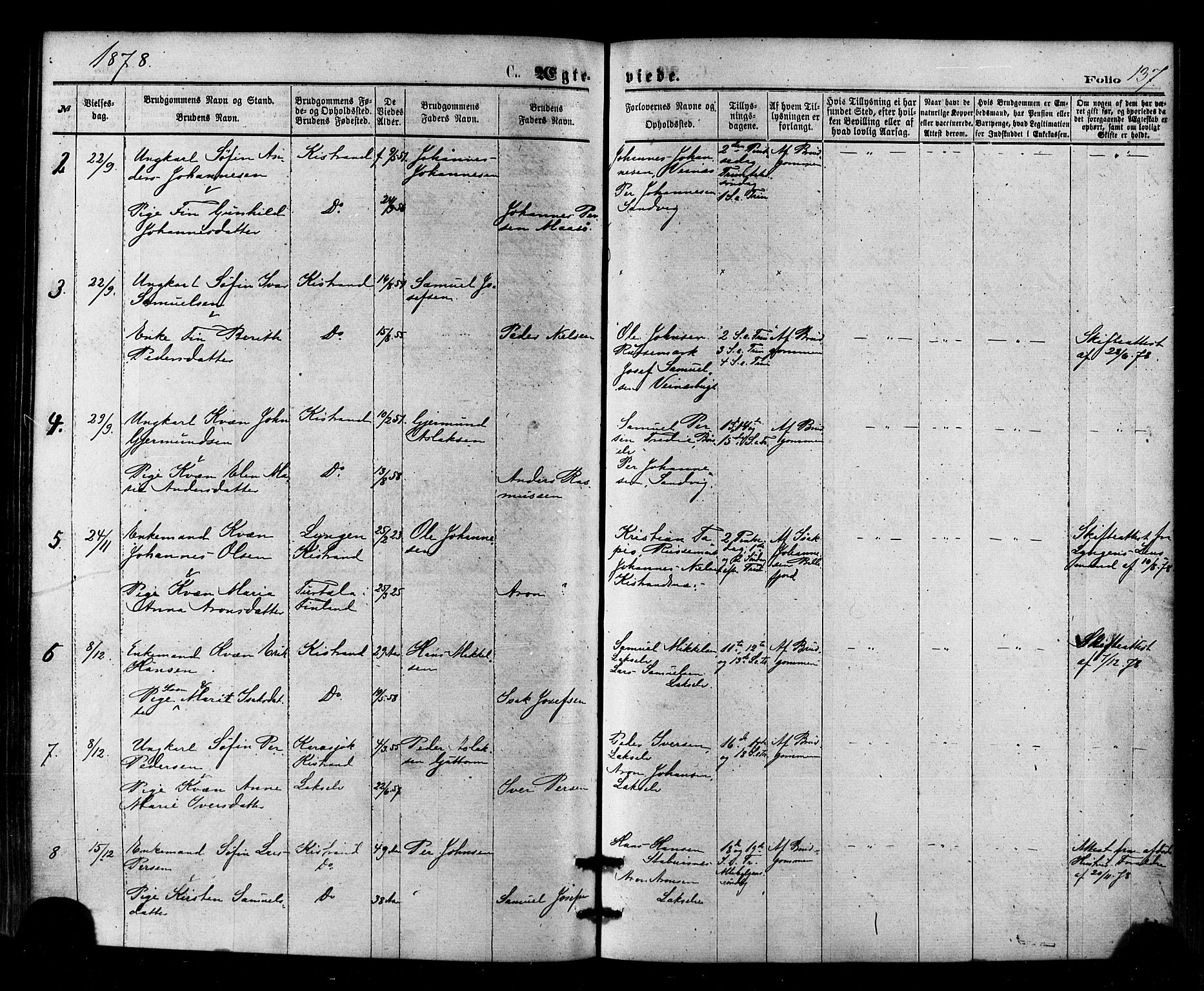 Kistrand/Porsanger sokneprestembete, AV/SATØ-S-1351/H/Ha/L0006.kirke: Parish register (official) no. 6, 1875-1880, p. 137