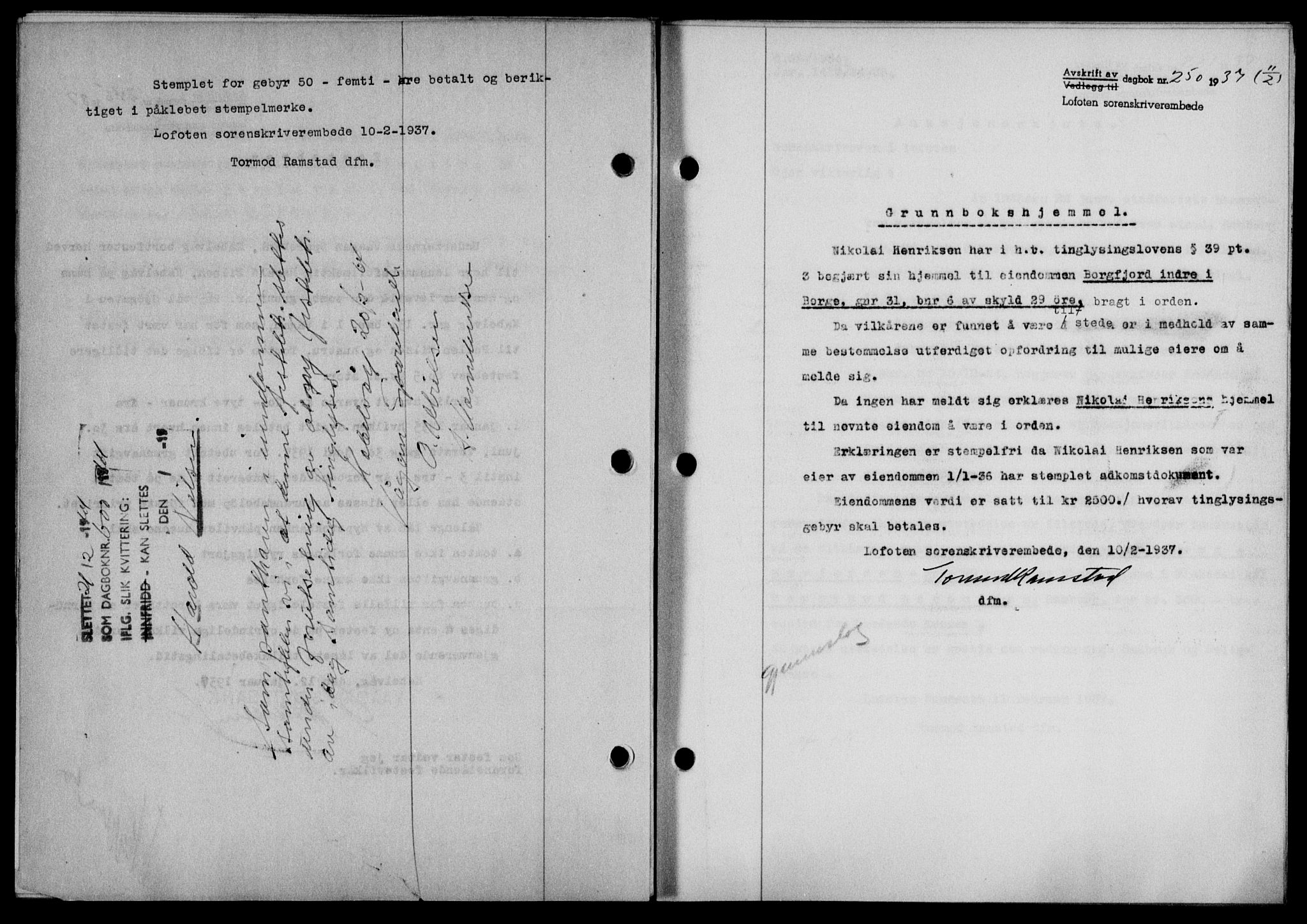 Lofoten sorenskriveri, SAT/A-0017/1/2/2C/L0001a: Mortgage book no. 1a, 1936-1937, Diary no: : 250/1937