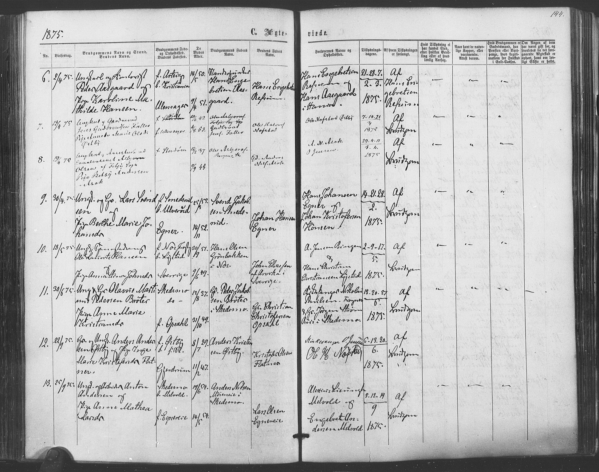 Sørum prestekontor Kirkebøker, AV/SAO-A-10303/F/Fa/L0006: Parish register (official) no. I 6, 1864-1877, p. 144