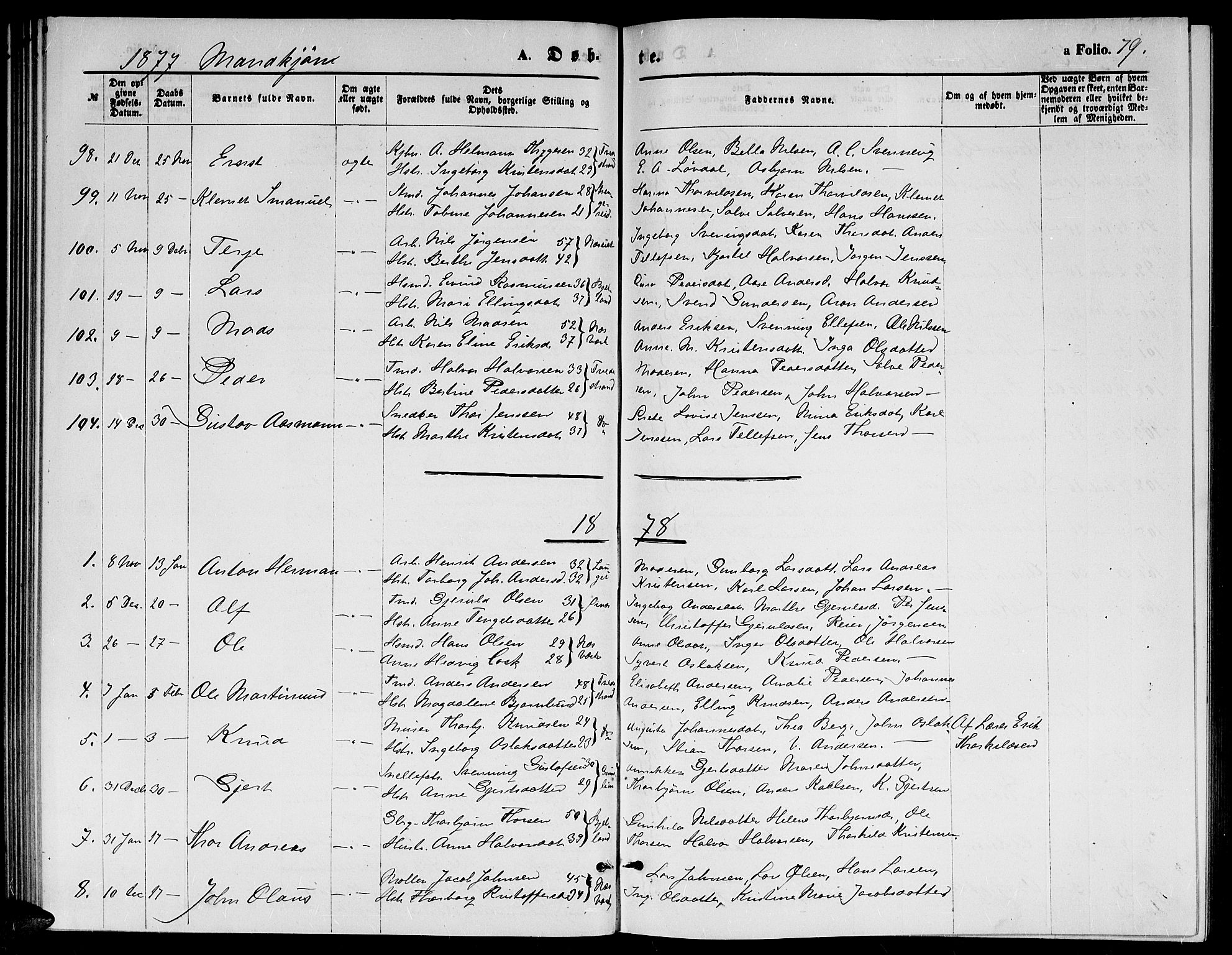 Holt sokneprestkontor, AV/SAK-1111-0021/F/Fb/L0009: Parish register (copy) no. B 9, 1871-1883, p. 79