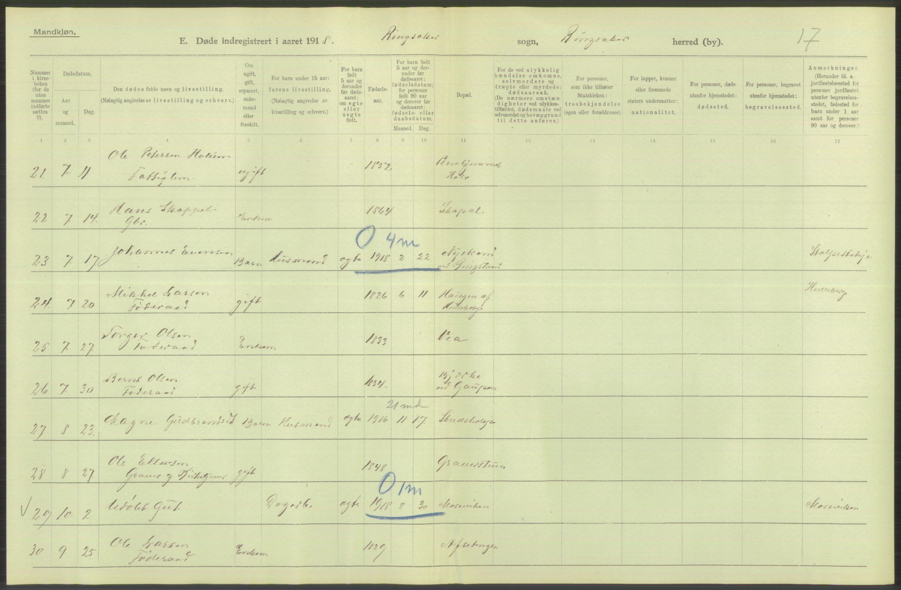 Statistisk sentralbyrå, Sosiodemografiske emner, Befolkning, RA/S-2228/D/Df/Dfb/Dfbh/L0014: Hedemarkens fylke: Døde. Bygder og byer., 1918, p. 350