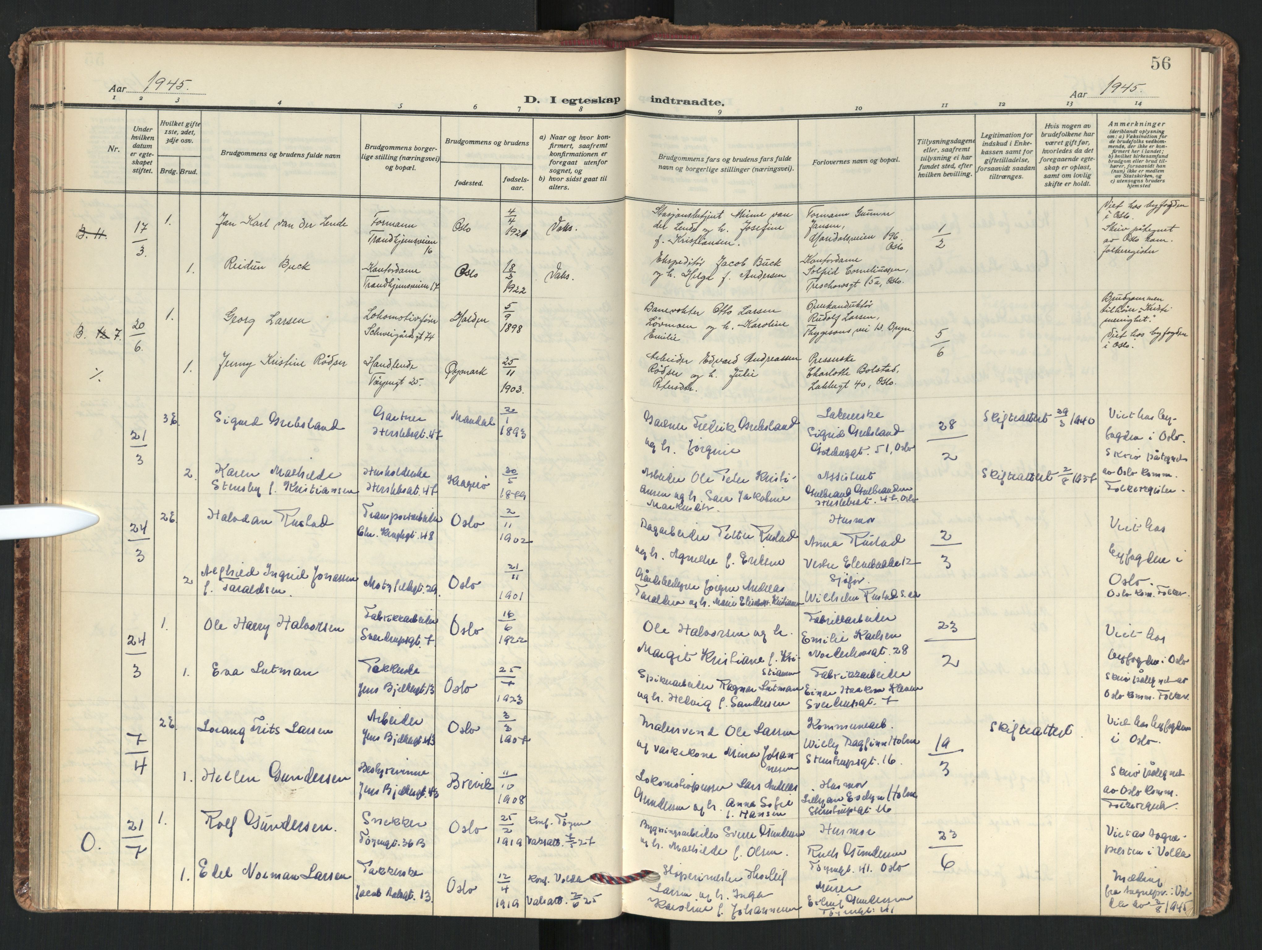 Tøyen prestekontor Kirkebøker, AV/SAO-A-10167a/F/Fa/L0008: Parish register (official) no. I 8, 1939-1969, p. 56