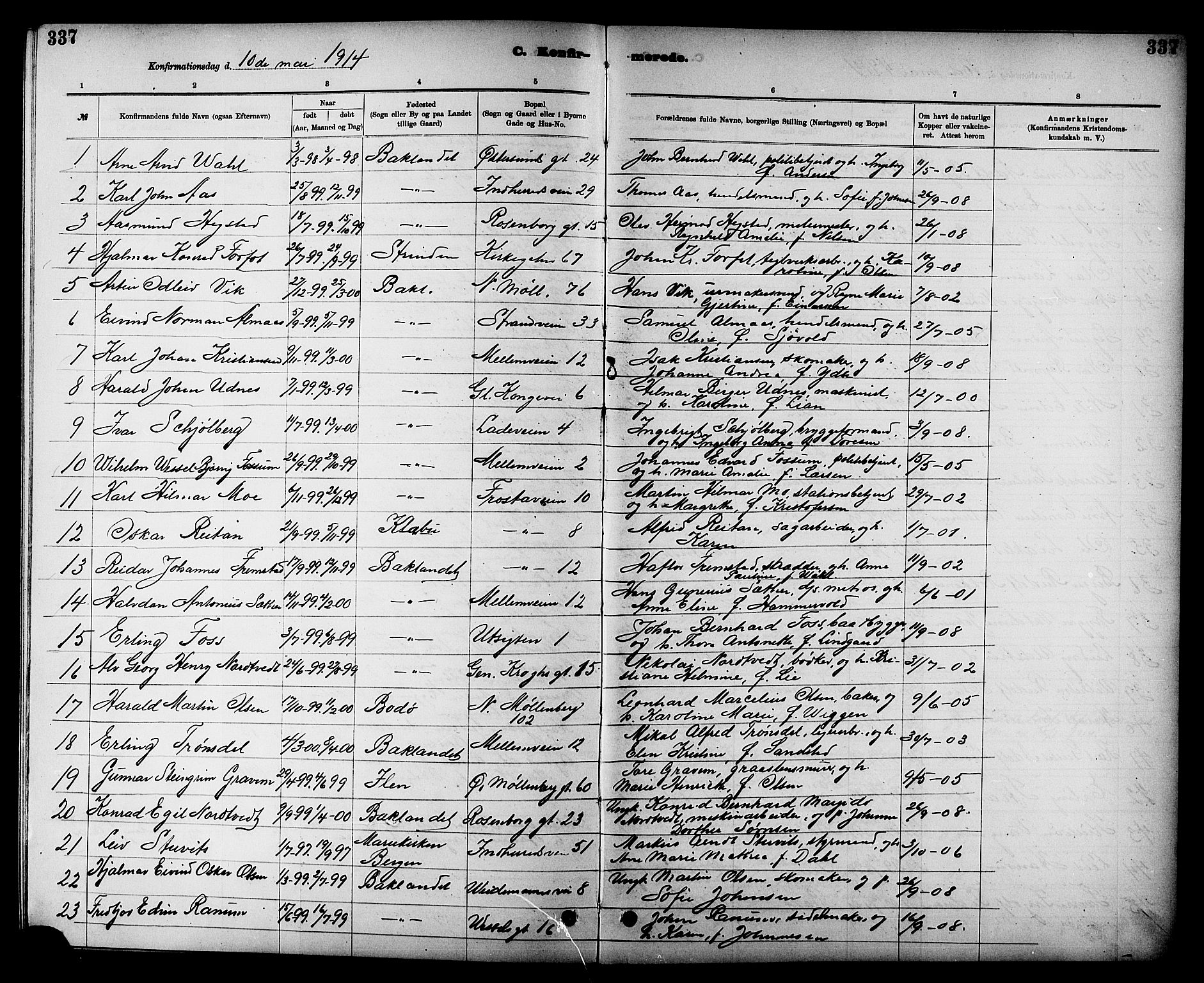 Ministerialprotokoller, klokkerbøker og fødselsregistre - Sør-Trøndelag, SAT/A-1456/605/L0254: Parish register (copy) no. 605C01, 1908-1916, p. 337