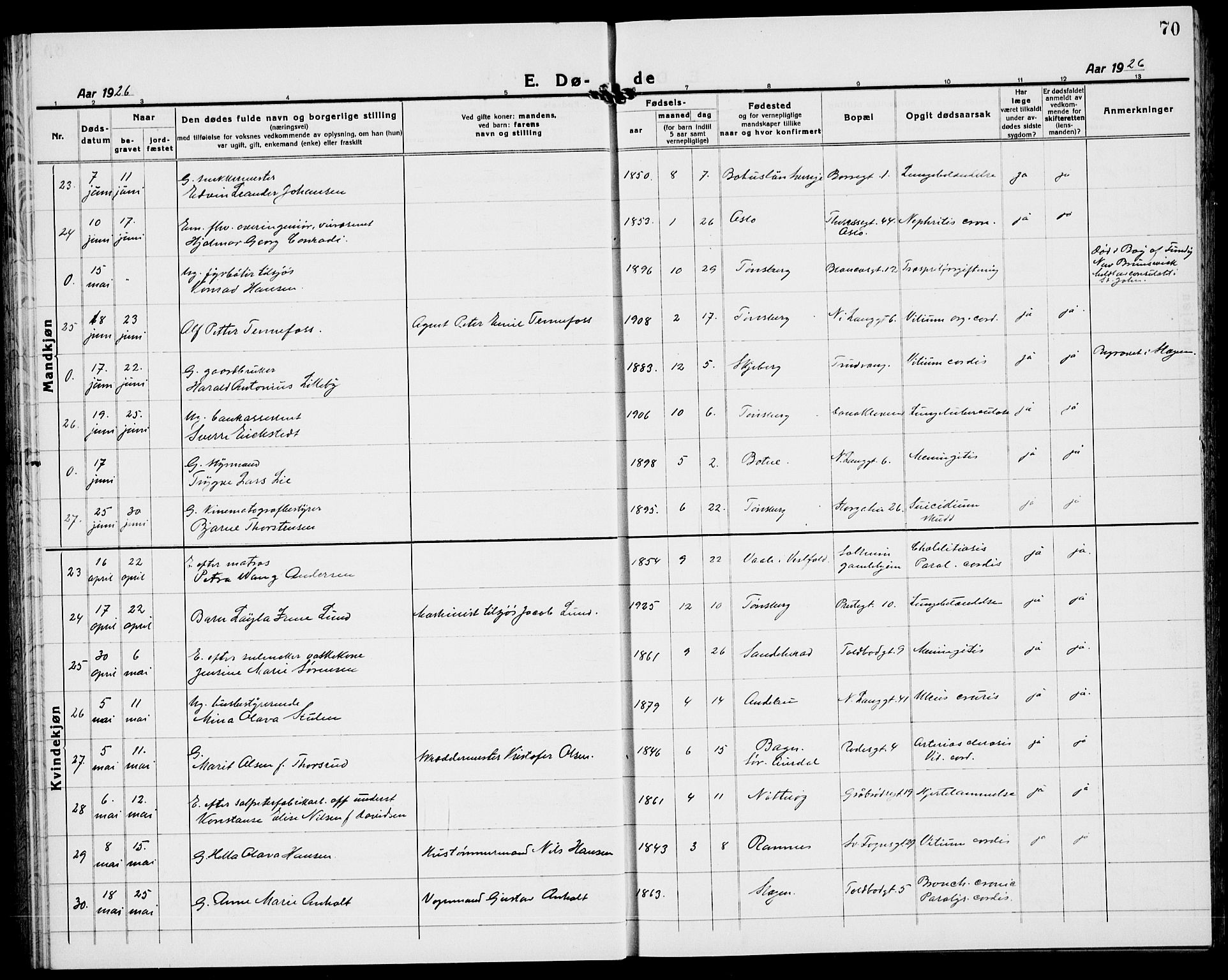 Tønsberg kirkebøker, AV/SAKO-A-330/G/Ga/L0018: Parish register (copy) no. 18, 1920-1935, p. 70