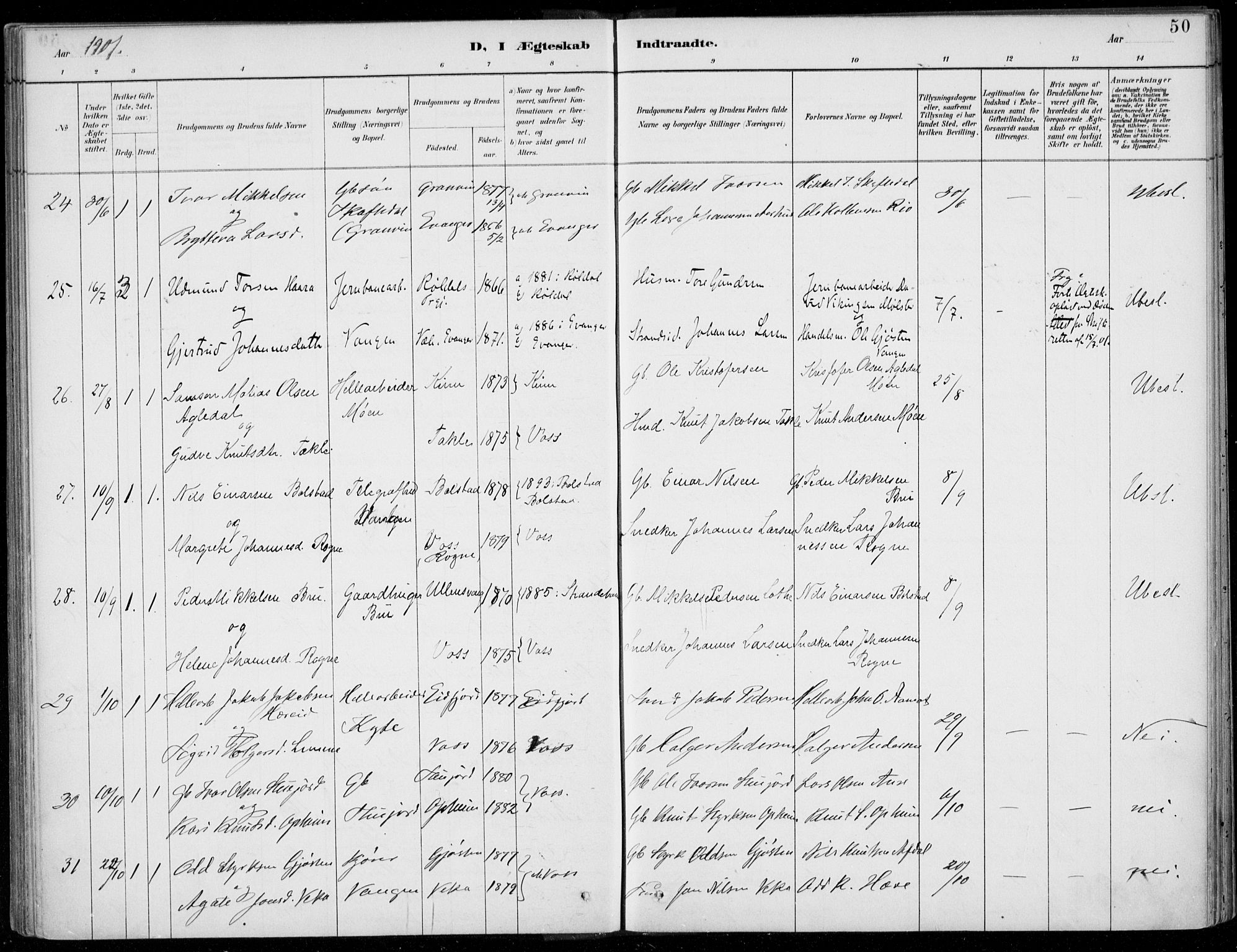 Voss sokneprestembete, AV/SAB-A-79001/H/Haa: Parish register (official) no. C  1, 1887-1915, p. 50