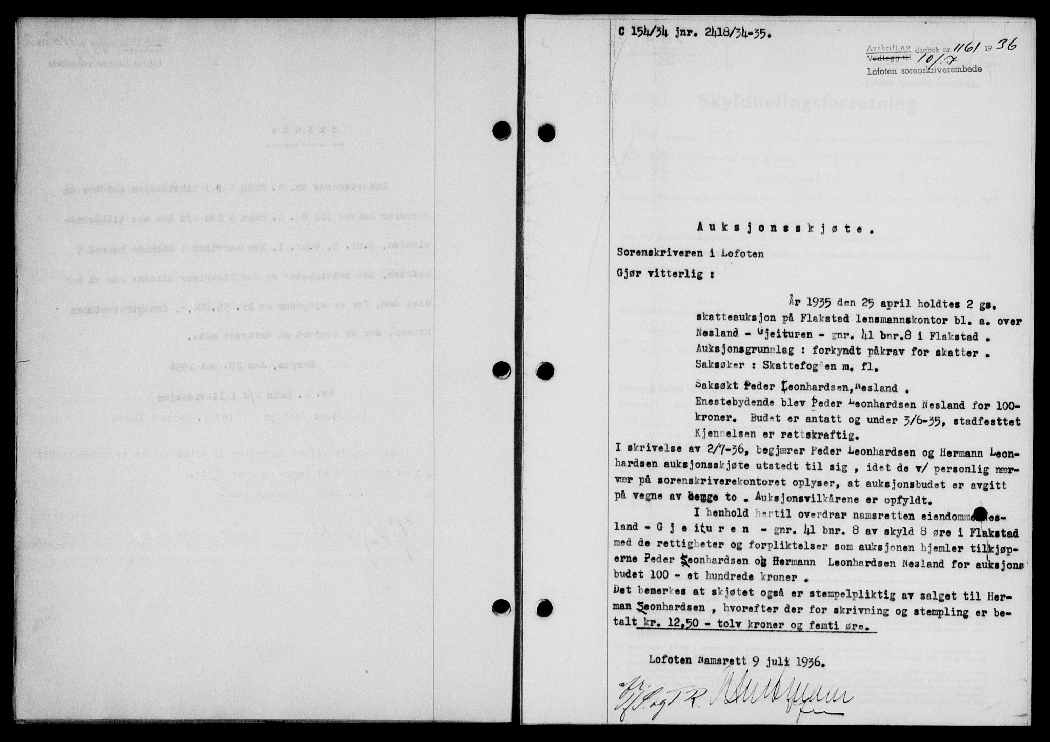 Lofoten sorenskriveri, SAT/A-0017/1/2/2C/L0001a: Mortgage book no. 1a, 1936-1937, Diary no: : 1161/1936