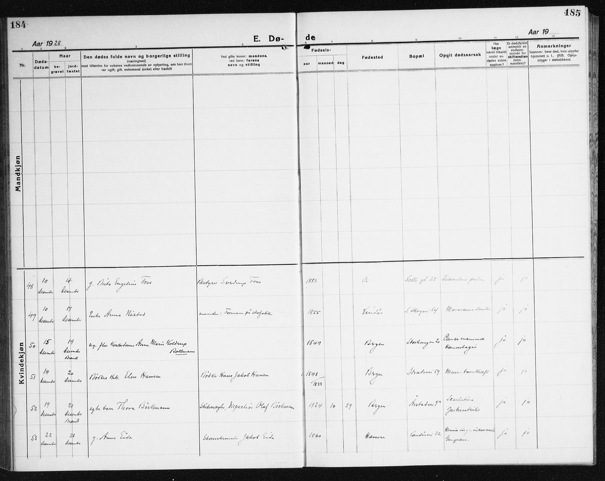 Årstad Sokneprestembete, AV/SAB-A-79301/H/Haa/L0010: Parish register (official) no. E 1, 1921-1940, p. 184-185