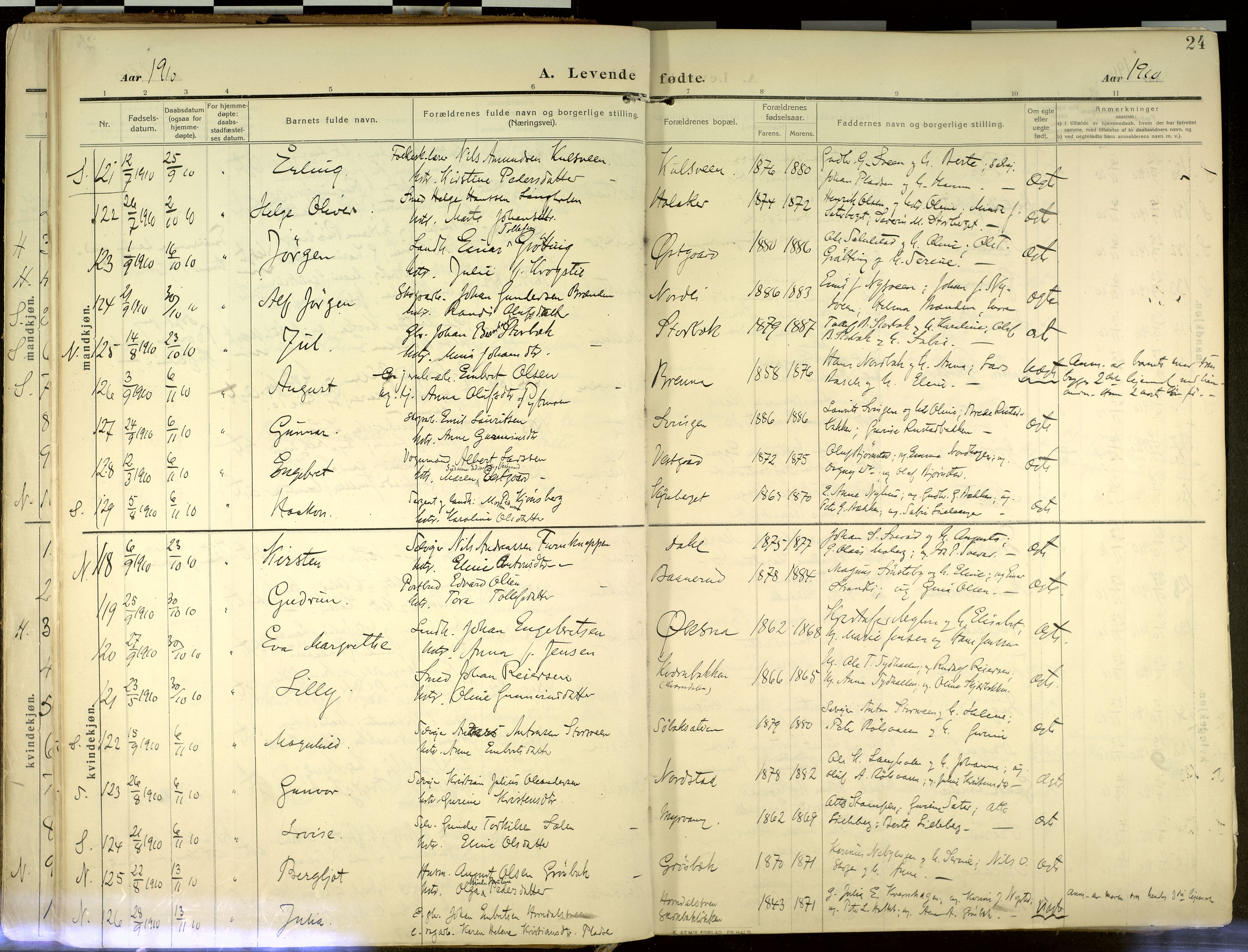 Elverum prestekontor, AV/SAH-PREST-044/H/Ha/Haa/L0020: Parish register (official) no. 20, 1909-1921, p. 24