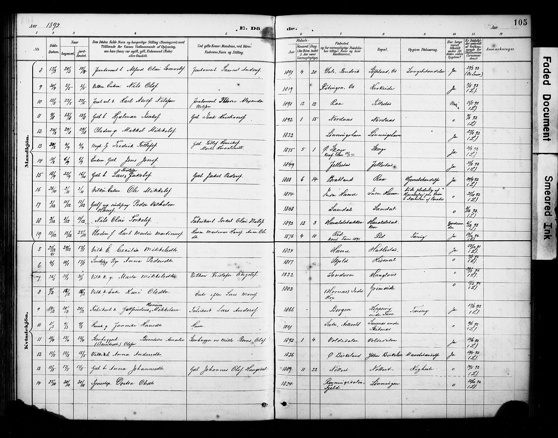 Fana Sokneprestembete, AV/SAB-A-75101/H/Haa/Haab/L0002: Parish register (official) no. B 2, 1890-1897, p. 105