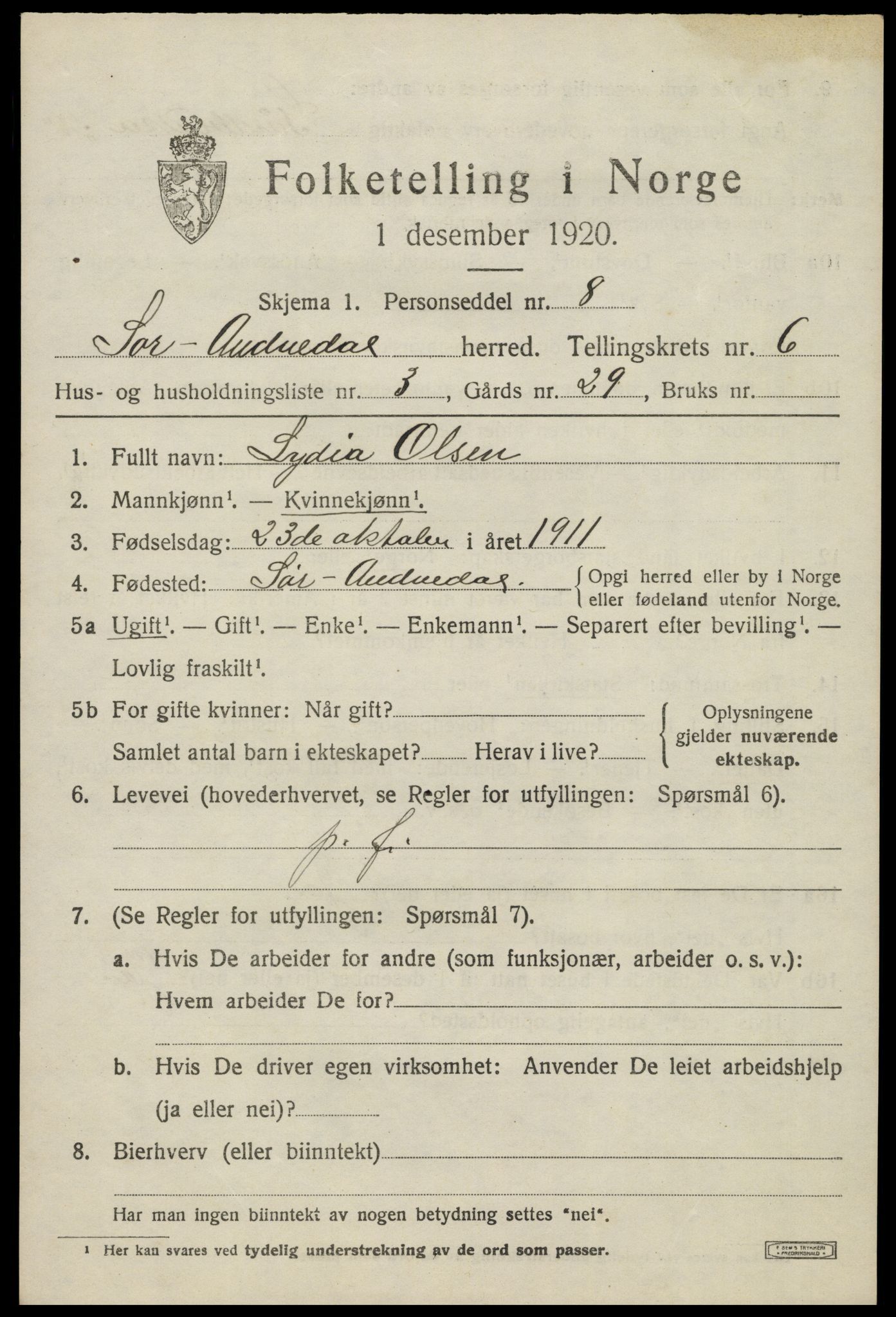 SAK, 1920 census for Sør-Audnedal, 1920, p. 2723