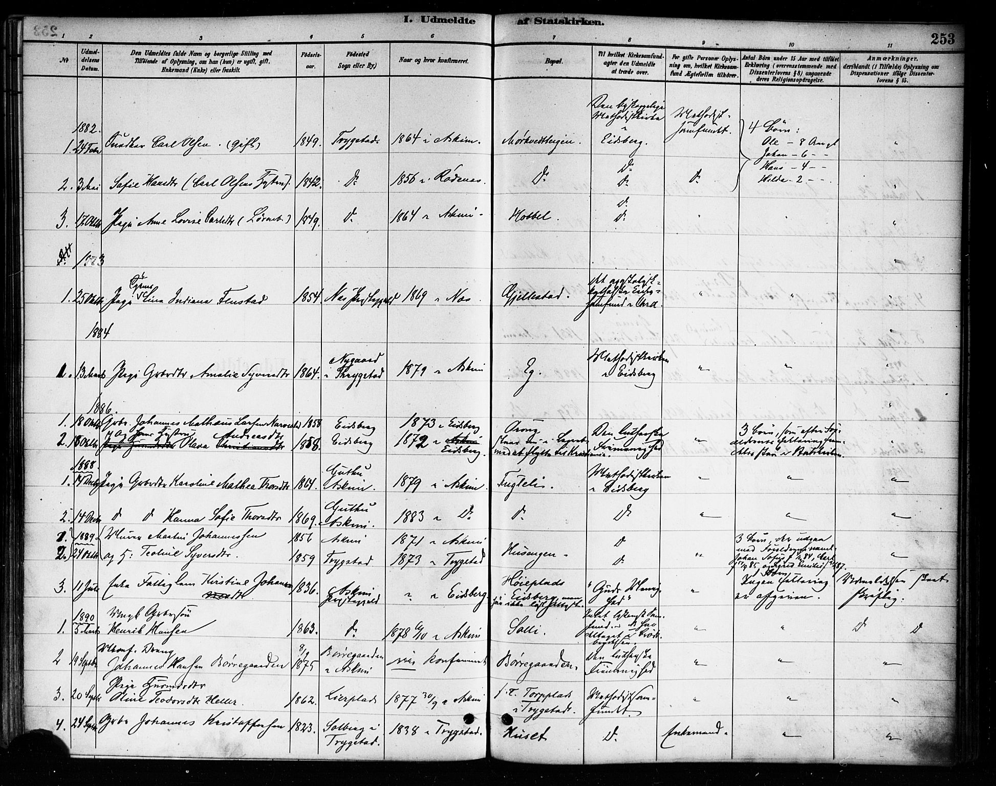 Askim prestekontor Kirkebøker, SAO/A-10900/F/Fa/L0007: Parish register (official) no. 7, 1882-1897, p. 253