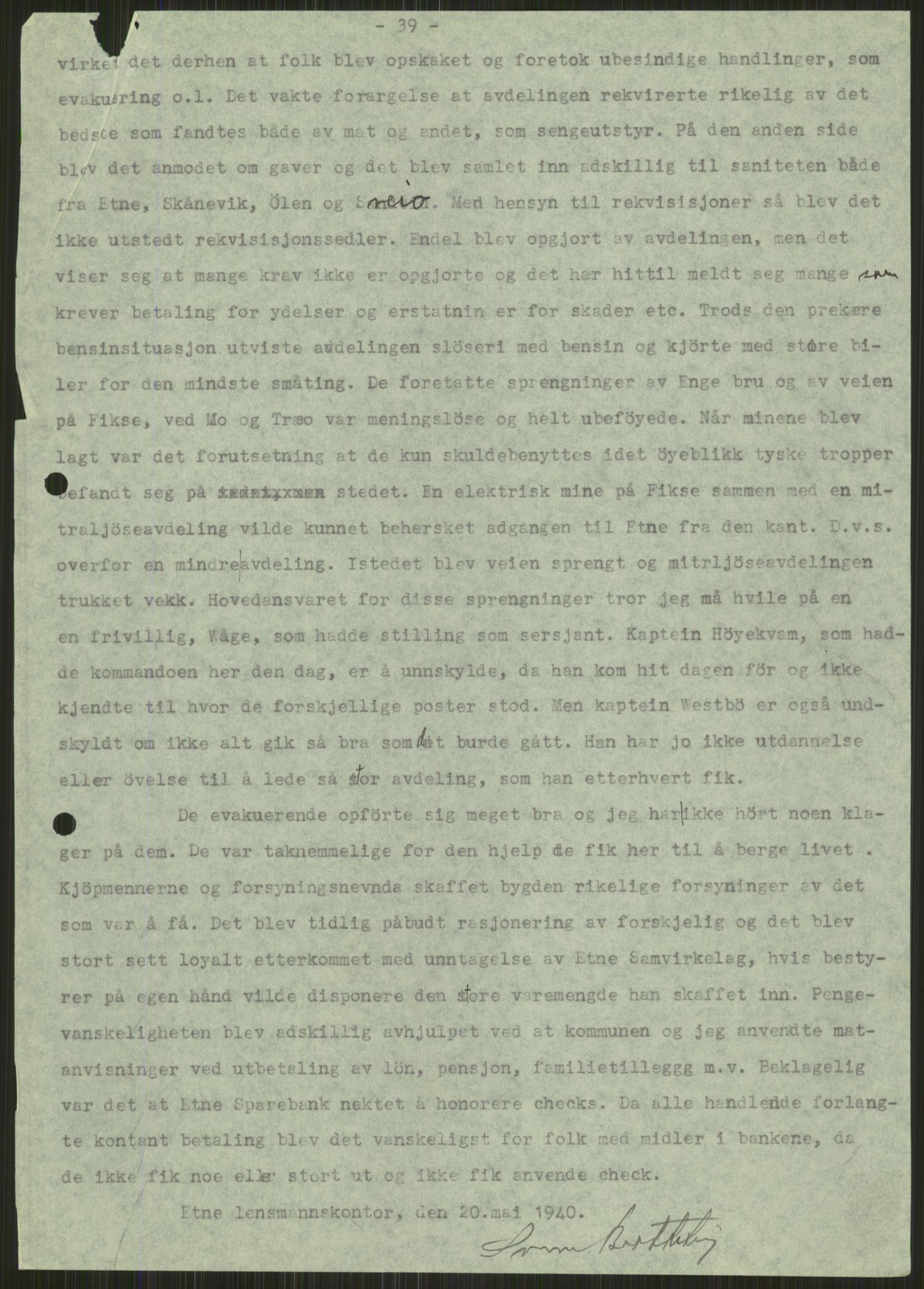 Forsvaret, Forsvarets krigshistoriske avdeling, AV/RA-RAFA-2017/Y/Ya/L0015: II-C-11-31 - Fylkesmenn.  Rapporter om krigsbegivenhetene 1940., 1940, p. 289