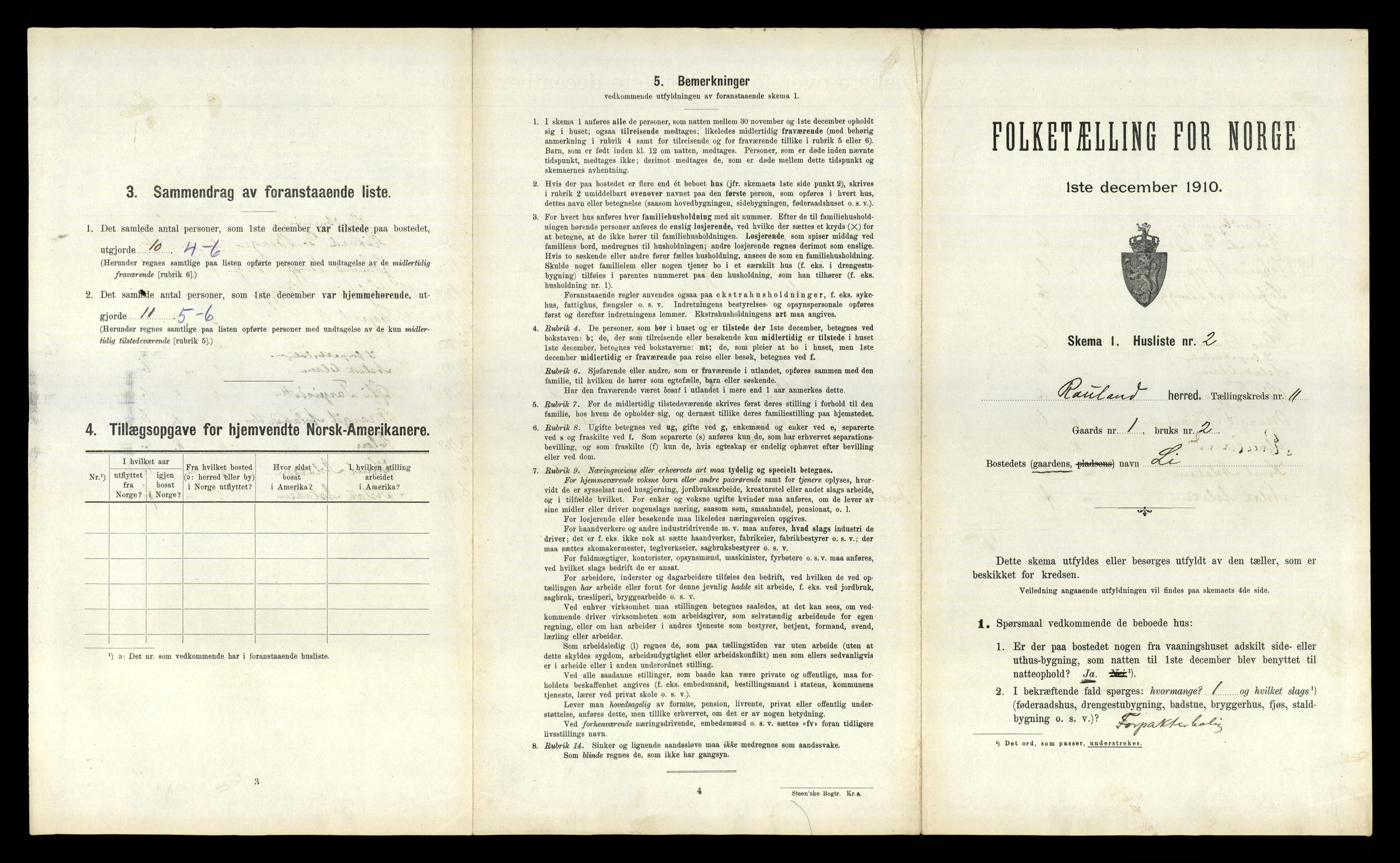 RA, 1910 census for Rauland, 1910, p. 365