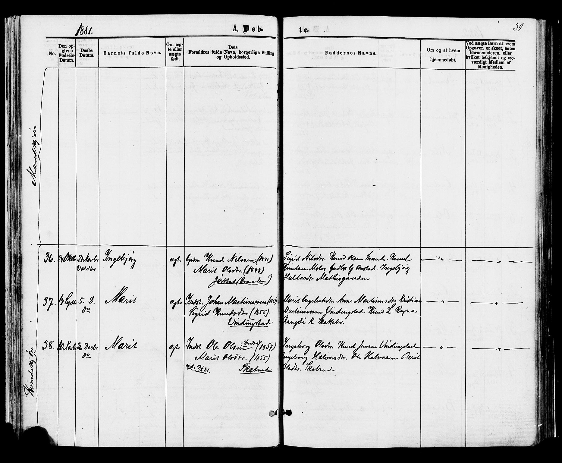 Øystre Slidre prestekontor, AV/SAH-PREST-138/H/Ha/Haa/L0002: Parish register (official) no. 2, 1874-1886, p. 39