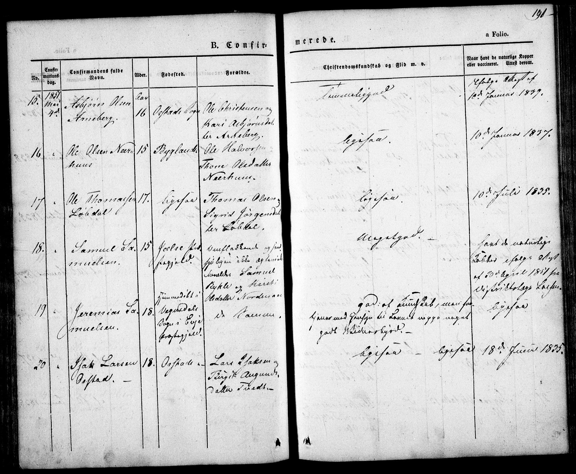 Bygland sokneprestkontor, AV/SAK-1111-0006/F/Fa/Fab/L0004: Parish register (official) no. A 4, 1842-1858, p. 191