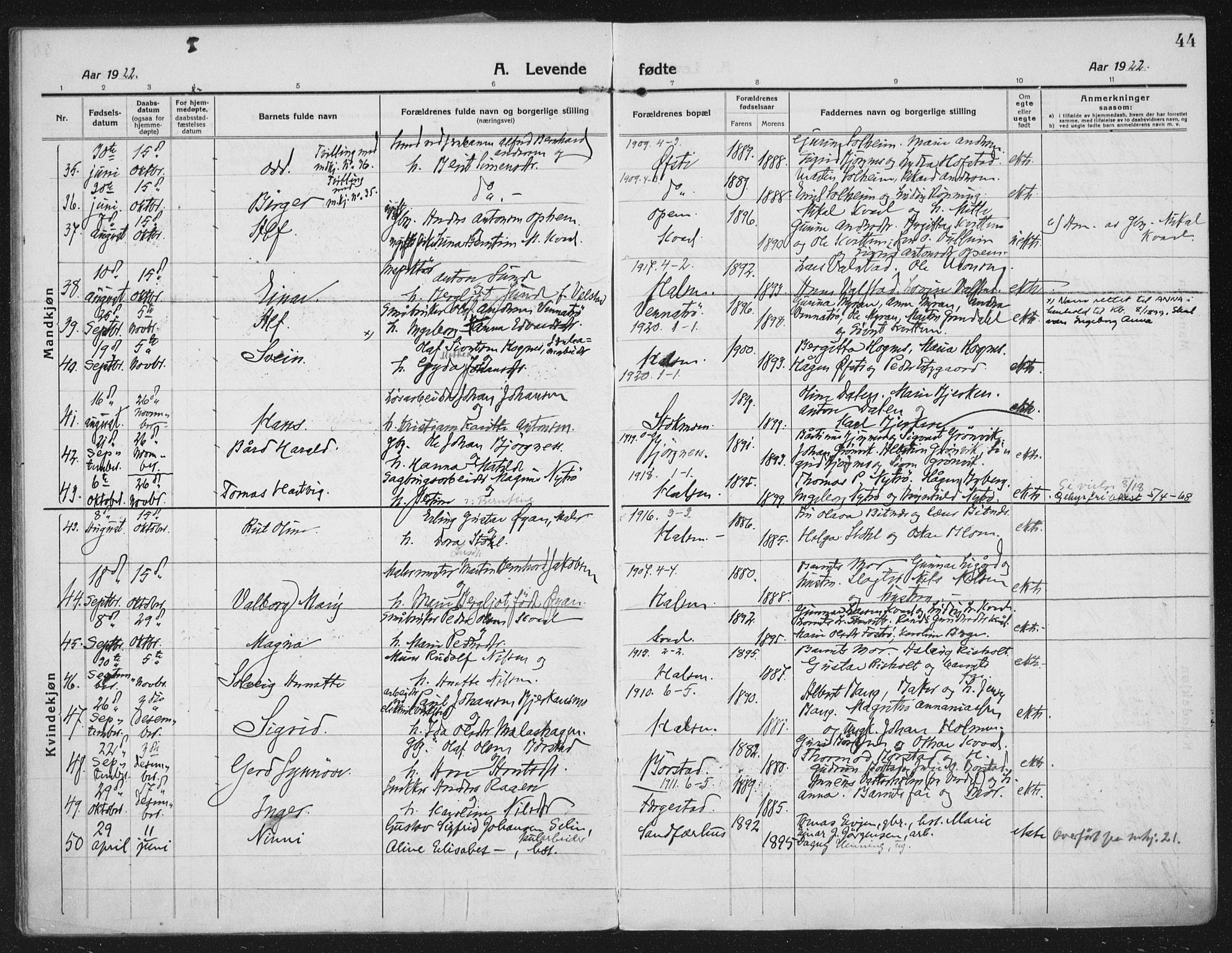 Ministerialprotokoller, klokkerbøker og fødselsregistre - Nord-Trøndelag, AV/SAT-A-1458/709/L0083: Parish register (official) no. 709A23, 1916-1928, p. 44