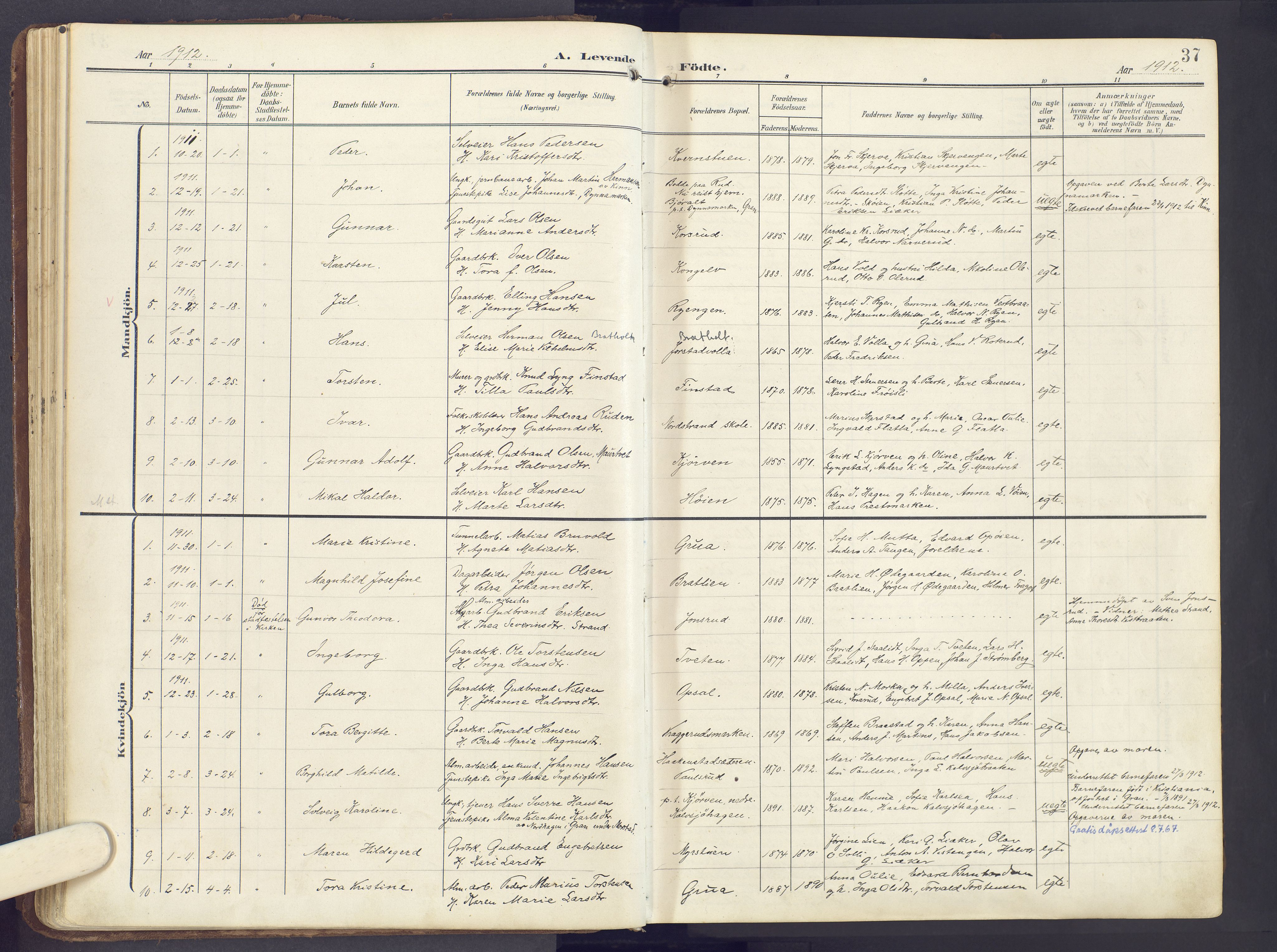 Lunner prestekontor, SAH/PREST-118/H/Ha/Haa/L0001: Parish register (official) no. 1, 1907-1922, p. 37