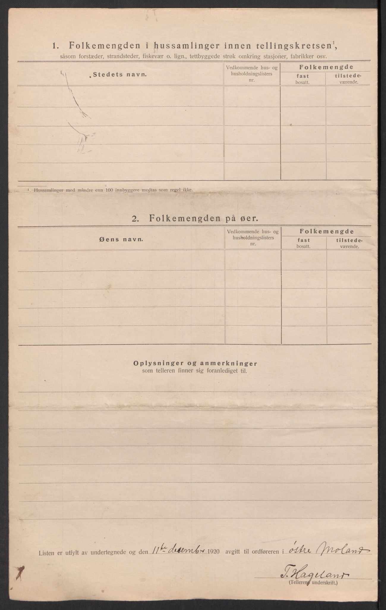 SAK, 1920 census for Austre Moland, 1920, p. 20