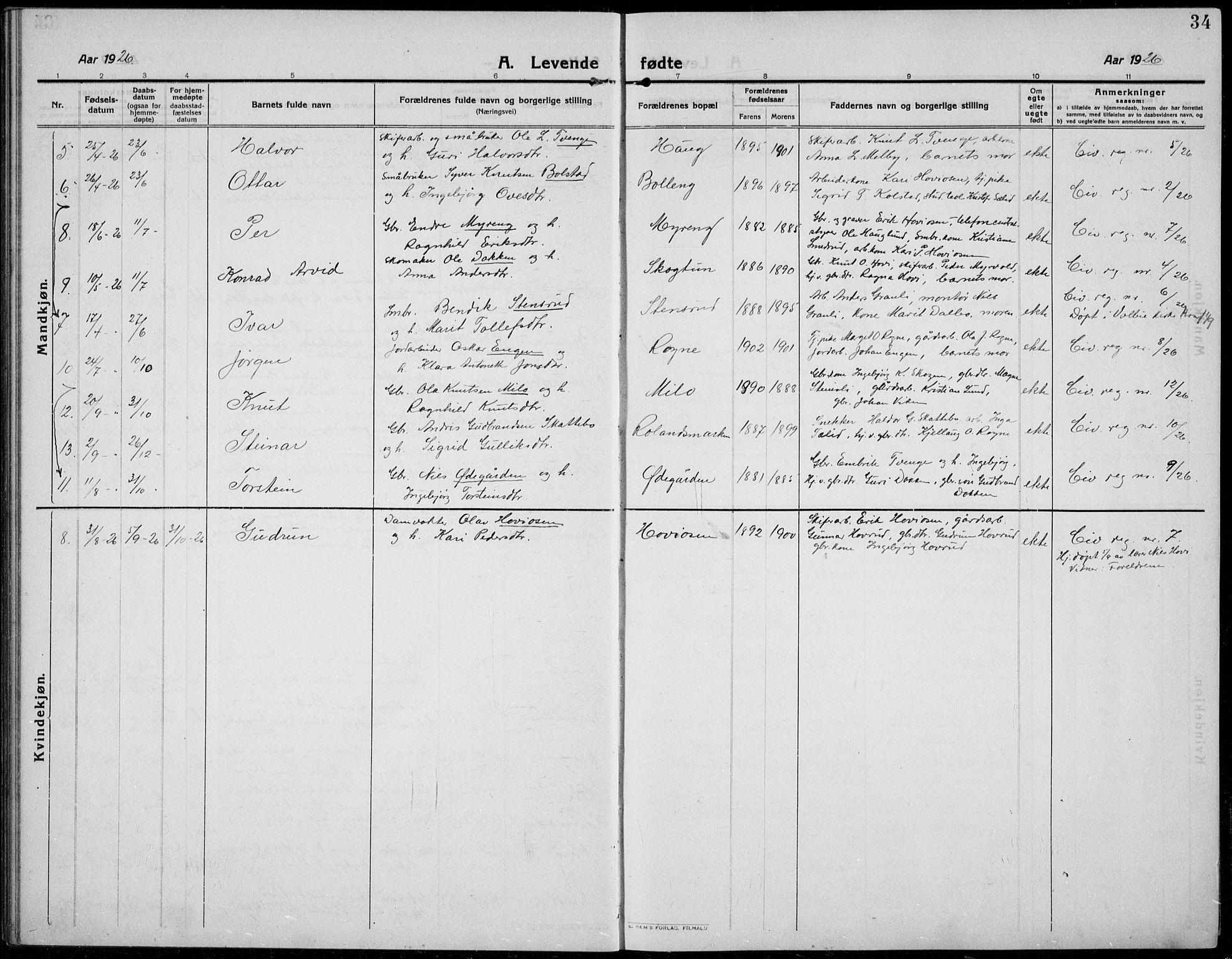 Øystre Slidre prestekontor, AV/SAH-PREST-138/H/Ha/Hab/L0008: Parish register (copy) no. 8, 1911-1938, p. 34