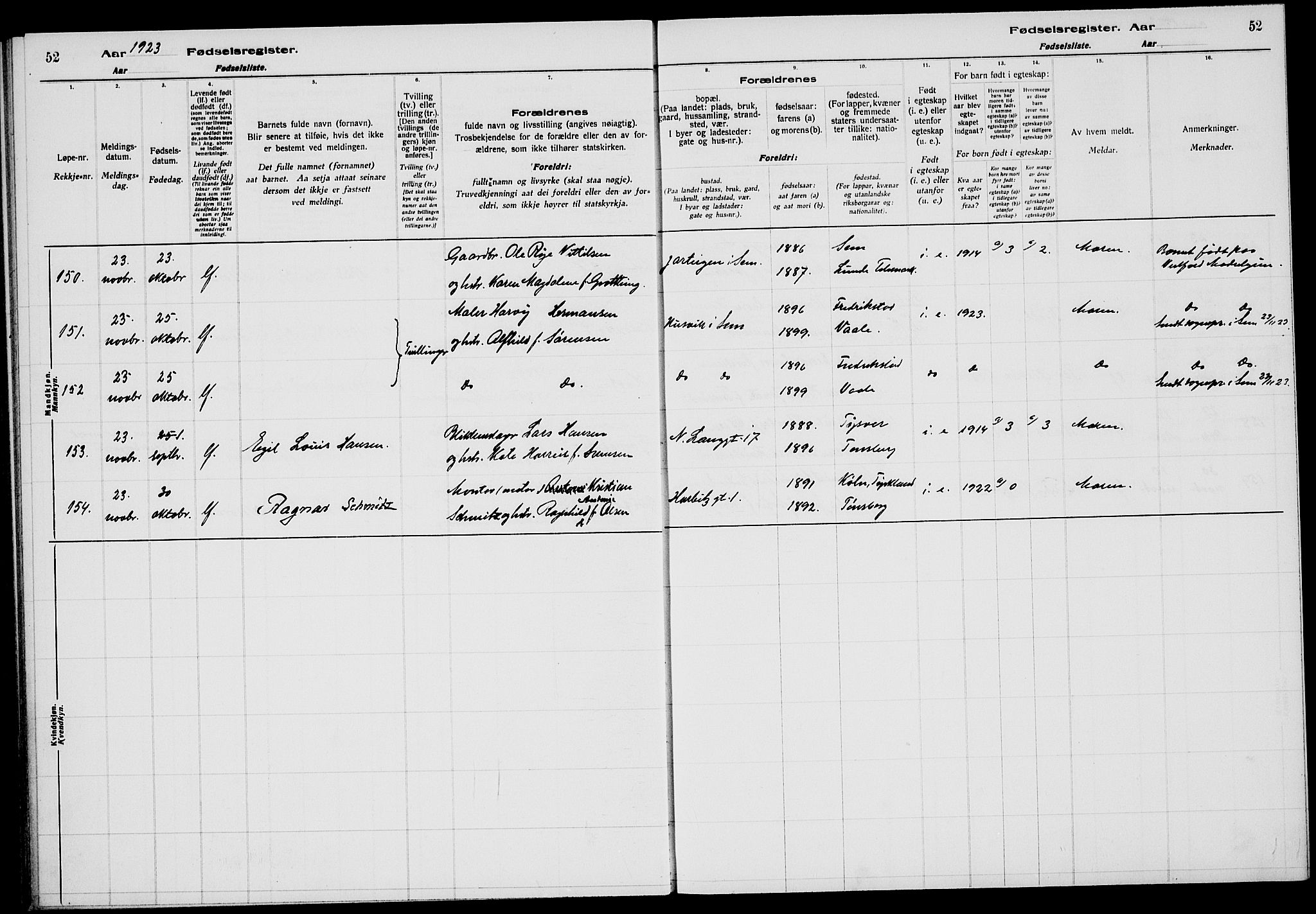 Tønsberg kirkebøker, AV/SAKO-A-330/J/Ja/L0002: Birth register no. 2, 1922-1928, p. 52