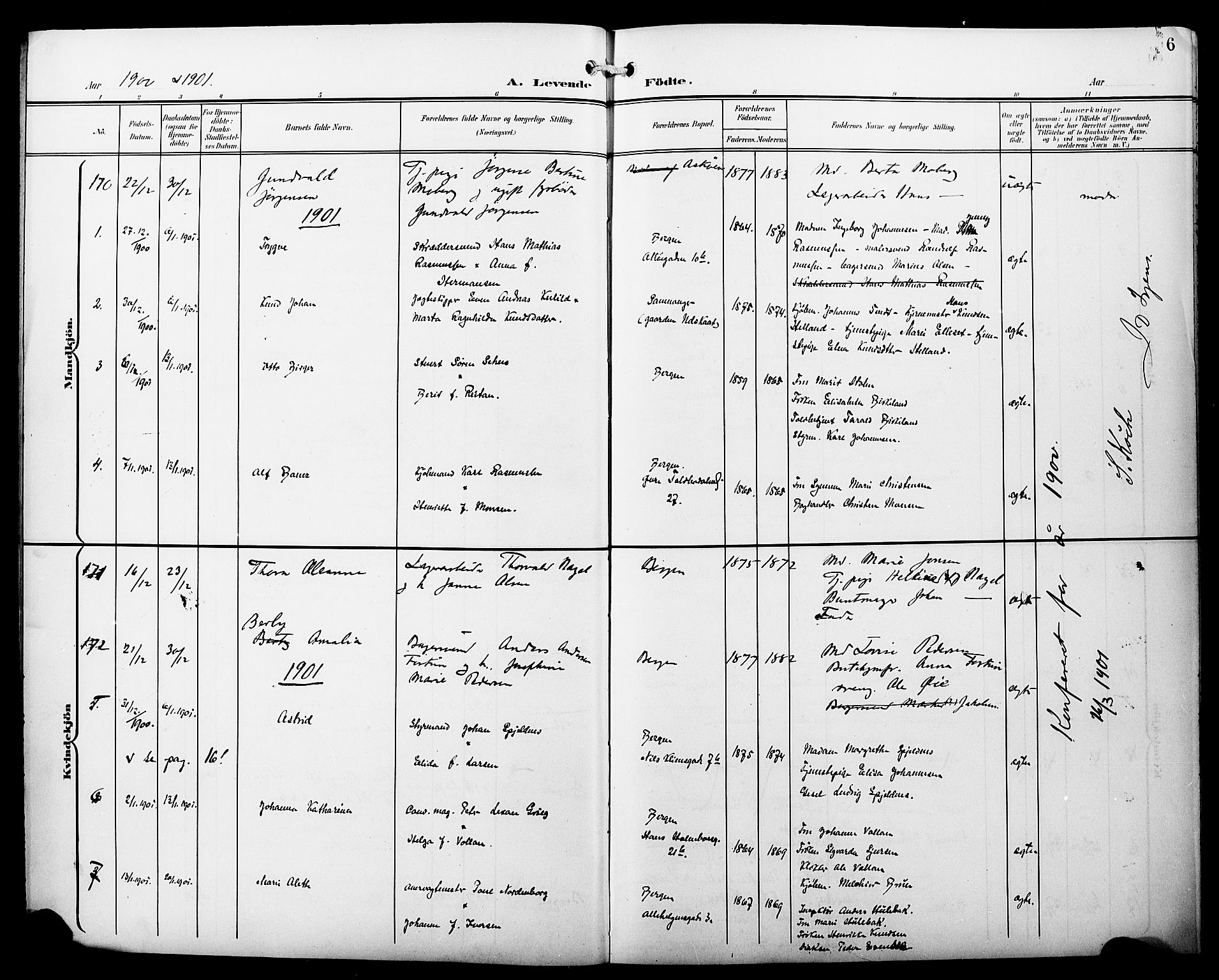 Fødselsstiftelsens sokneprestembete*, SAB/-: Parish register (copy) no. A 1, 1900-1909, p. 6