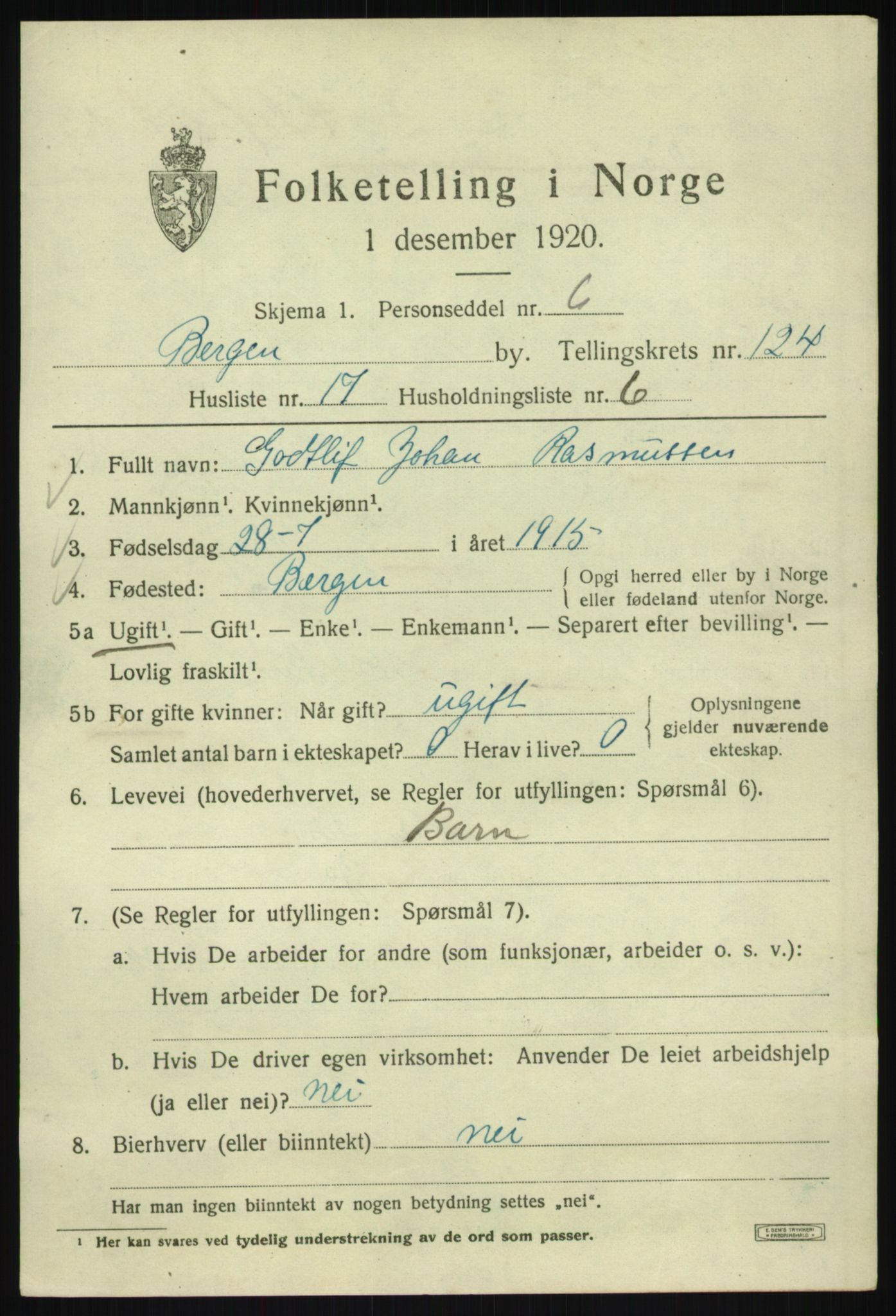 SAB, 1920 census for Bergen, 1920, p. 210168