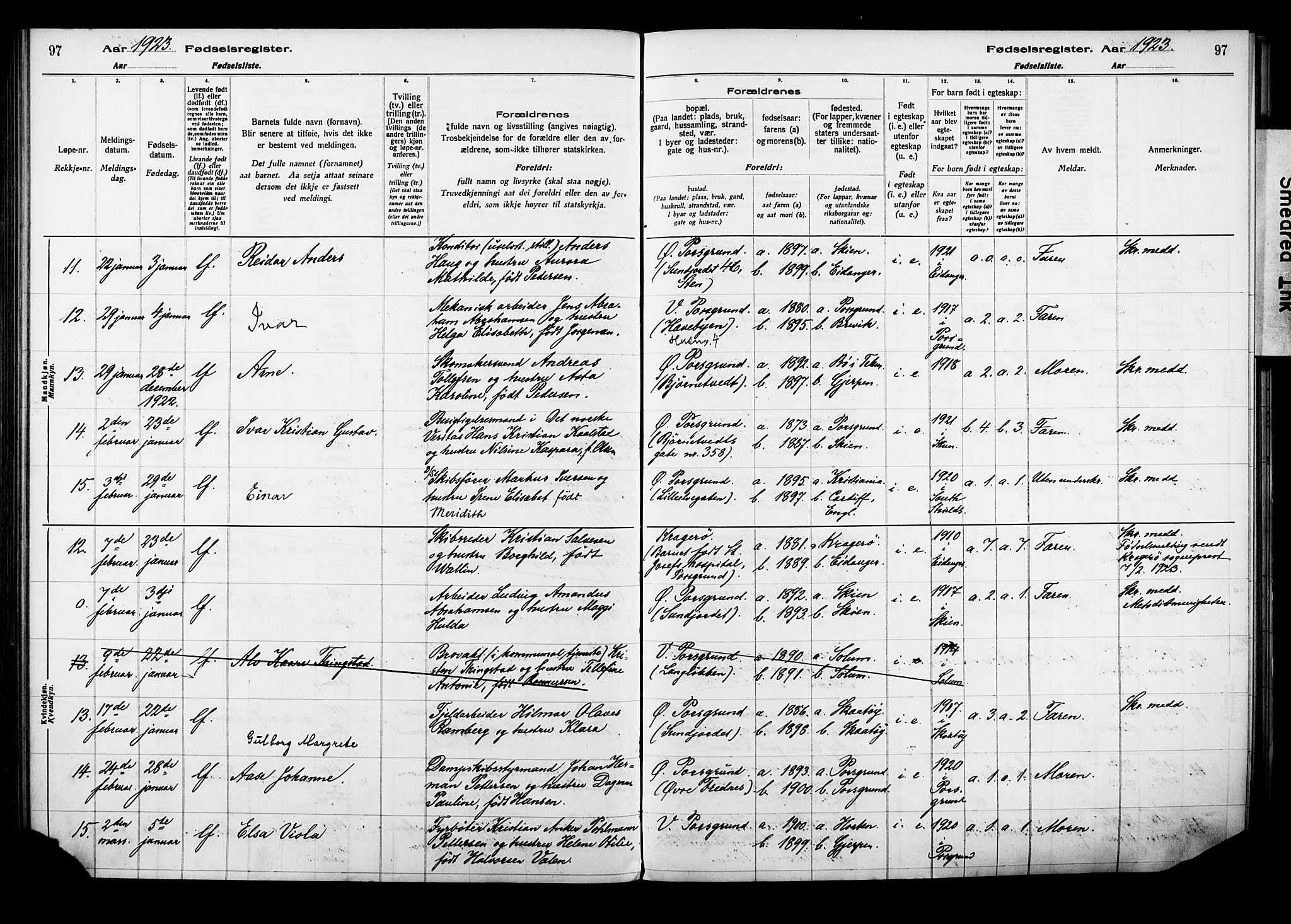 Porsgrunn kirkebøker , AV/SAKO-A-104/J/Ja/L0001: Birth register no. 1, 1916-1929, p. 97