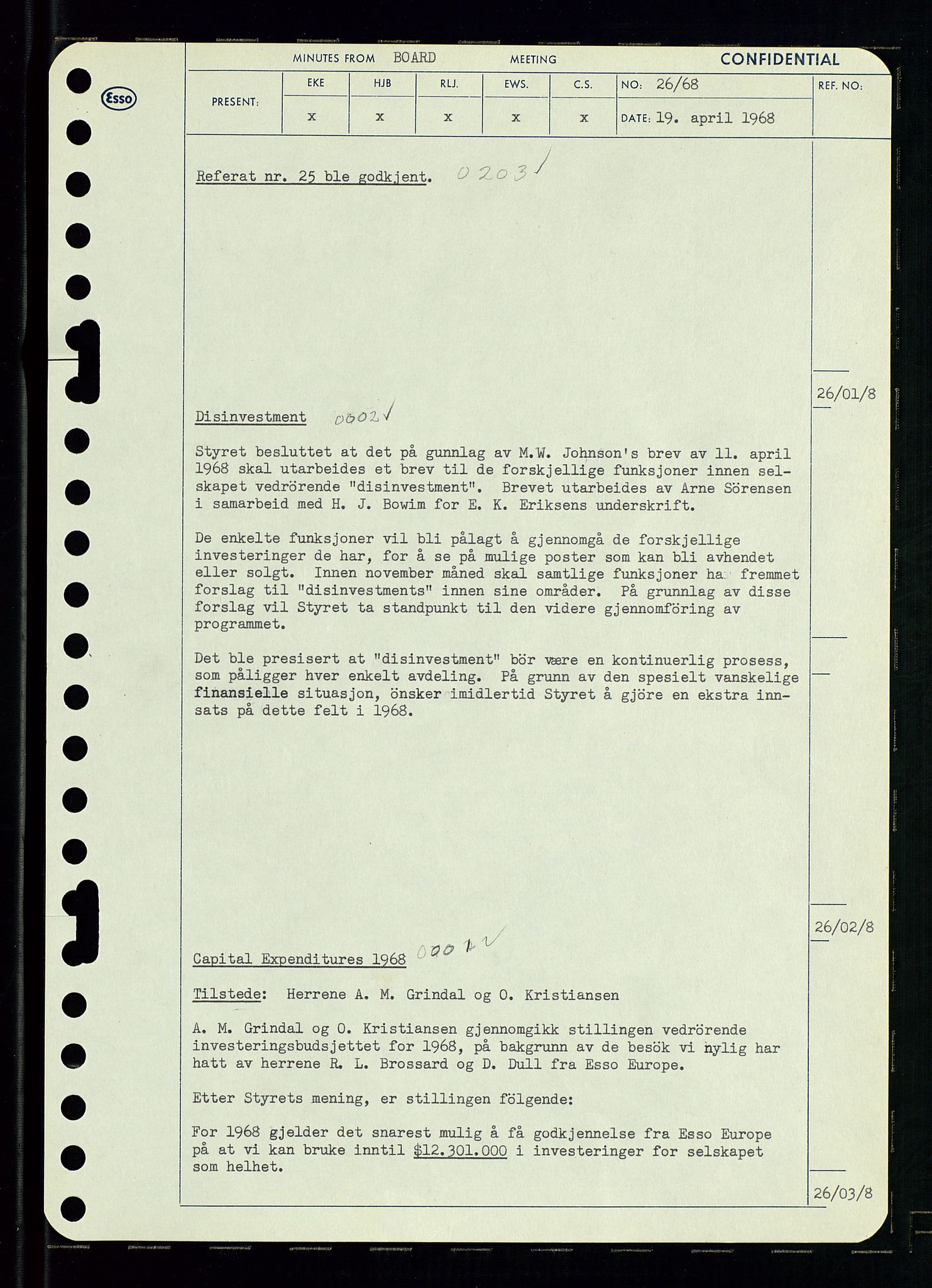 Pa 0982 - Esso Norge A/S, AV/SAST-A-100448/A/Aa/L0002/0004: Den administrerende direksjon Board minutes (styrereferater) / Den administrerende direksjon Board minutes (styrereferater), 1968, p. 43