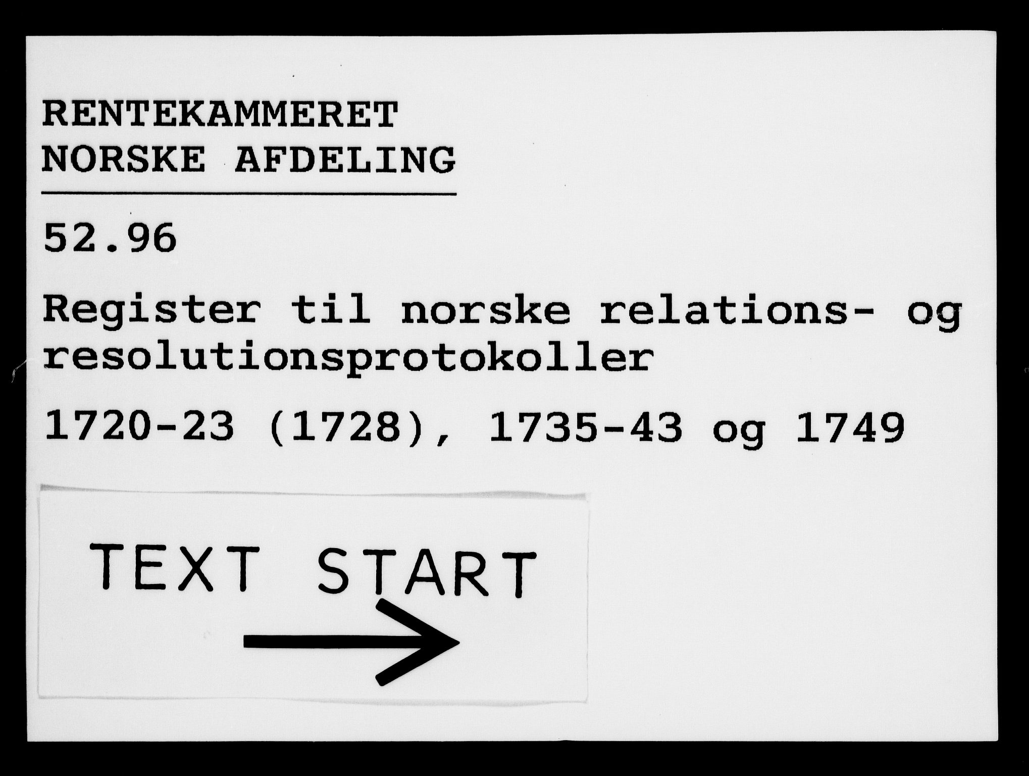 Rentekammeret, Kammerkanselliet, RA/EA-3111/G/Gf/Gfb/L0001: Register til norske relasjons- og resolusjonsprotokoller (merket RK 52.96), 1720-1749, p. 1