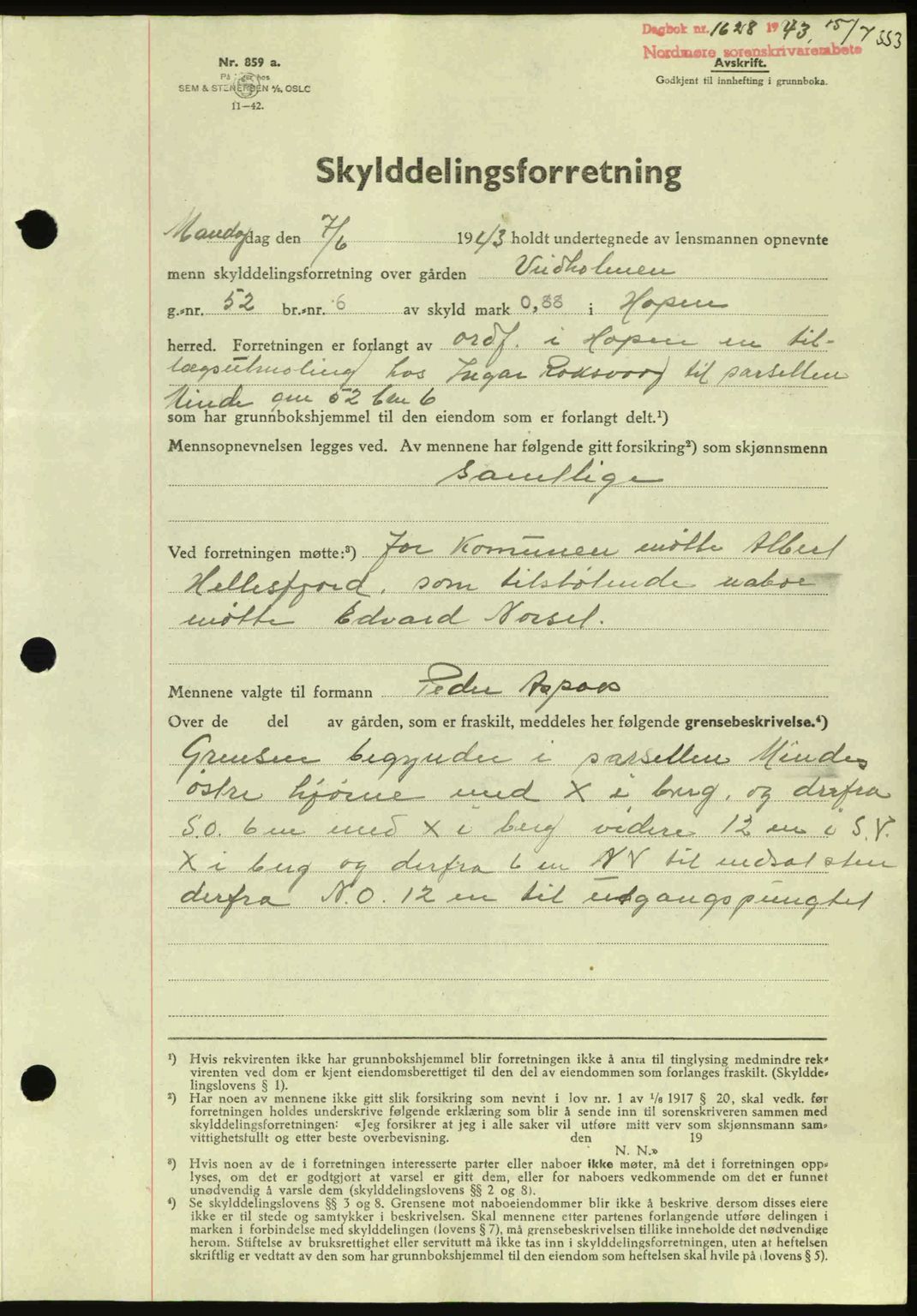 Nordmøre sorenskriveri, AV/SAT-A-4132/1/2/2Ca: Mortgage book no. A95, 1943-1943, Diary no: : 1628/1943