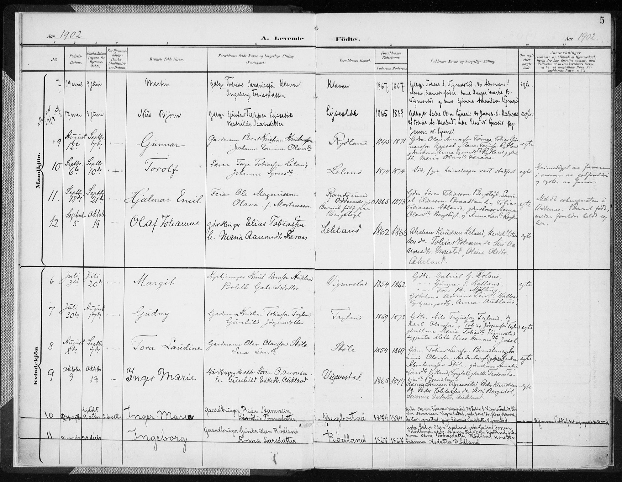 Nord-Audnedal sokneprestkontor, SAK/1111-0032/F/Fa/Fab/L0004: Parish register (official) no. A 4, 1901-1917, p. 5