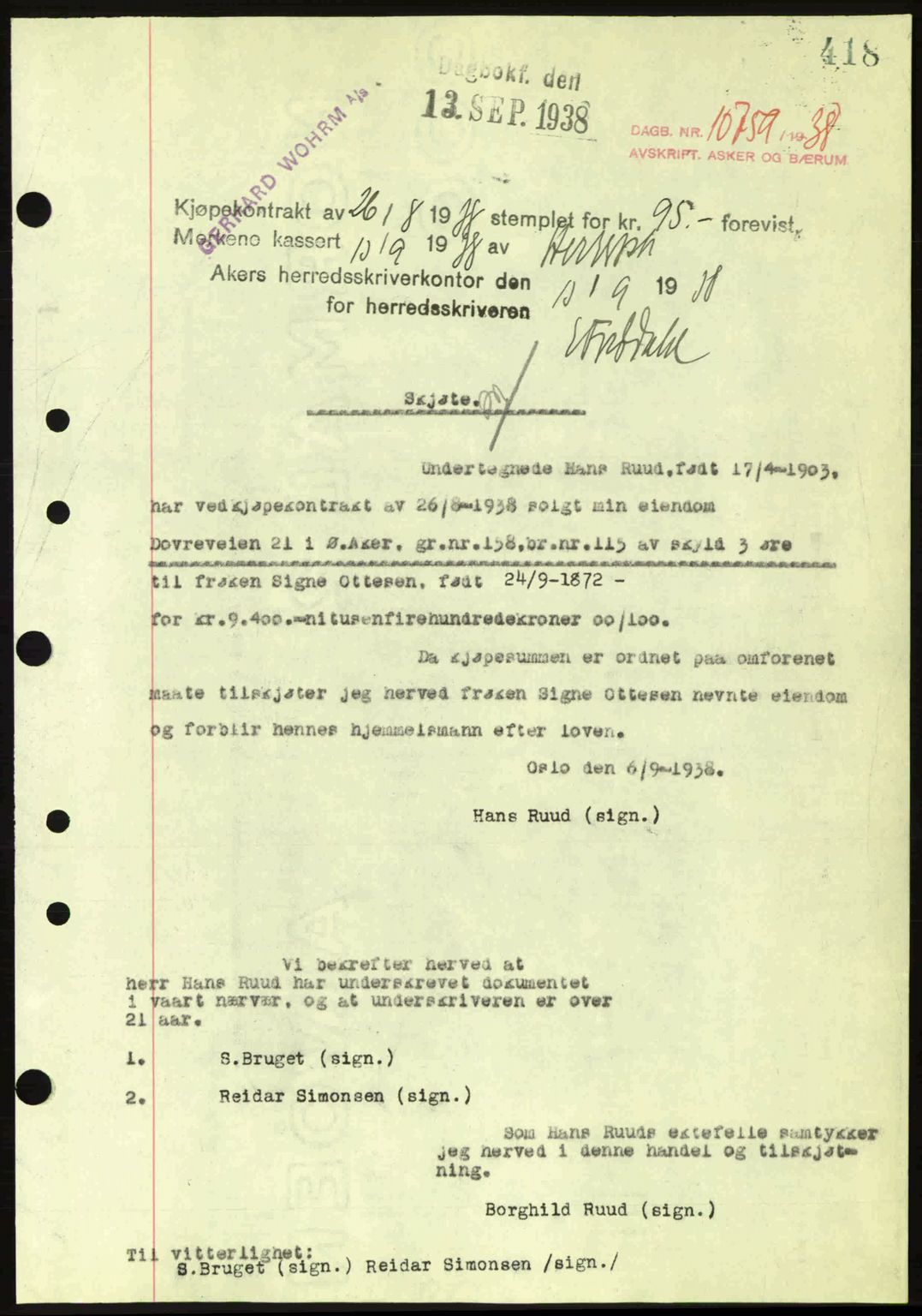 Aker herredsskriveri, SAO/A-10896/G/Gb/Gba/Gbab/L0025: Mortgage book no. A154-155, 1938-1938, Diary no: : 10759/1938