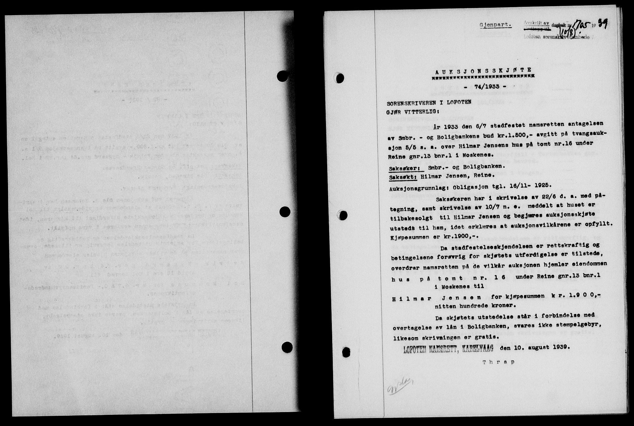 Lofoten sorenskriveri, SAT/A-0017/1/2/2C/L0006a: Mortgage book no. 6a, 1939-1939, Diary no: : 1705/1939