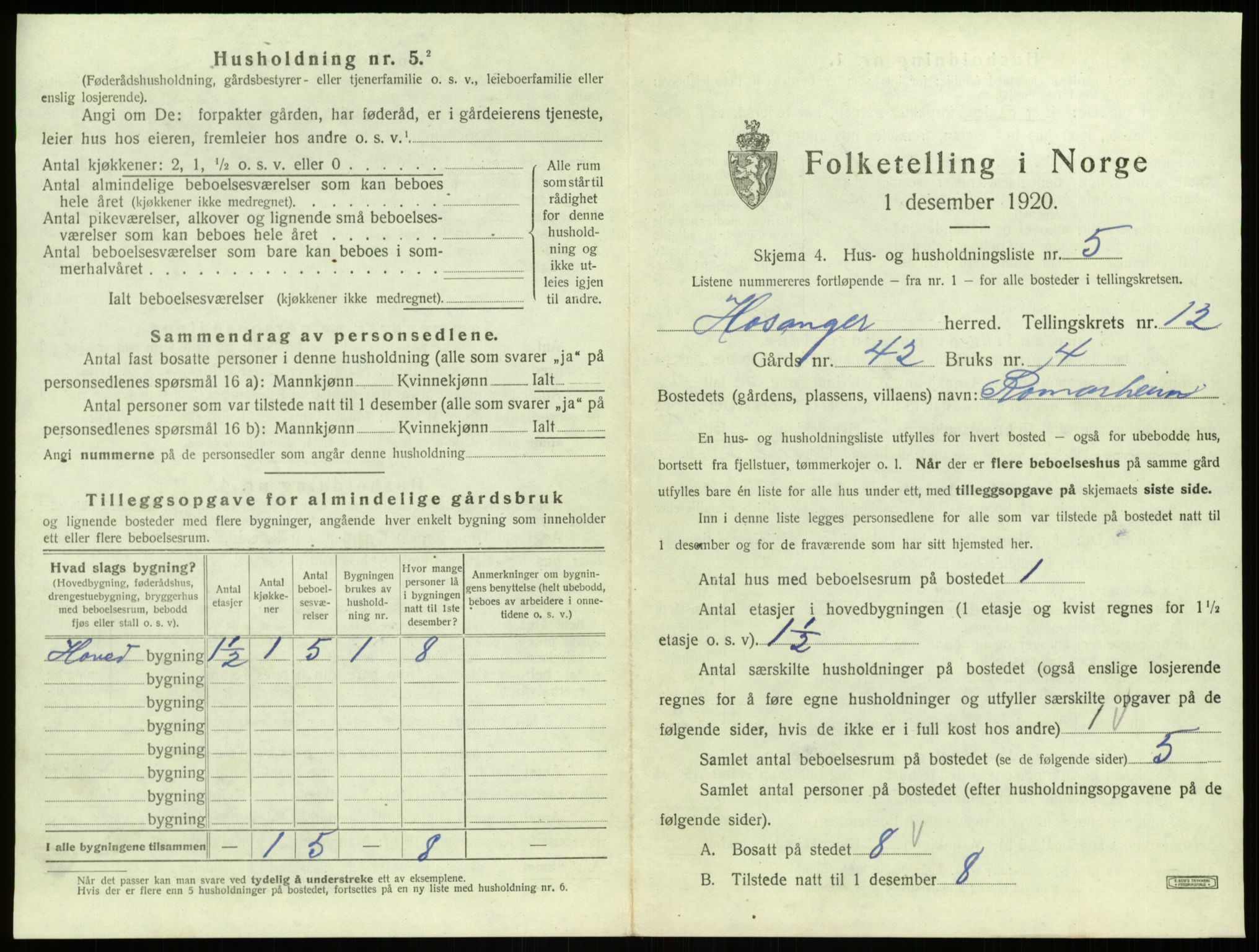 SAB, 1920 census for Hosanger, 1920, p. 652