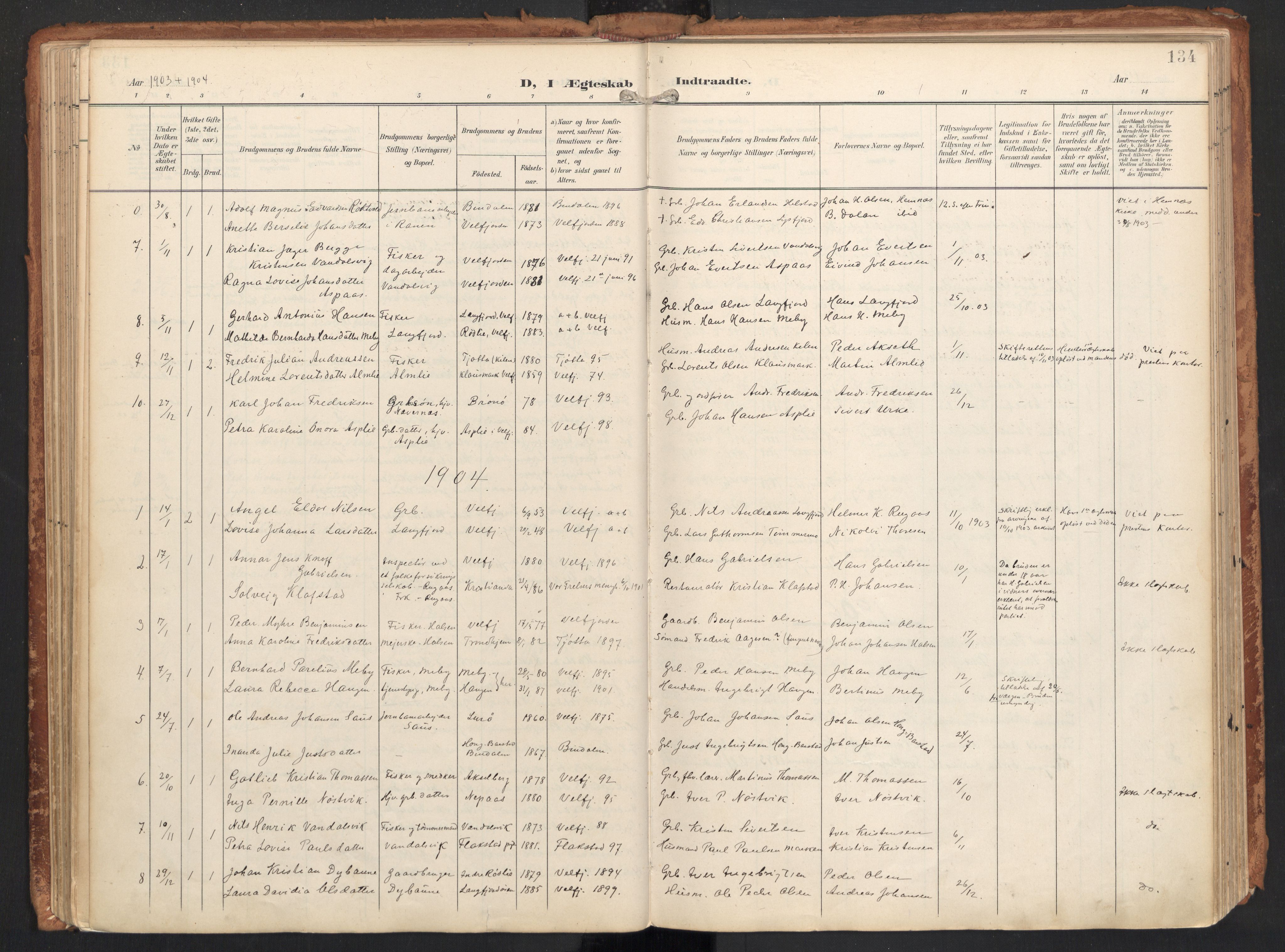 Ministerialprotokoller, klokkerbøker og fødselsregistre - Nordland, SAT/A-1459/814/L0227: Parish register (official) no. 814A08, 1899-1920, p. 134
