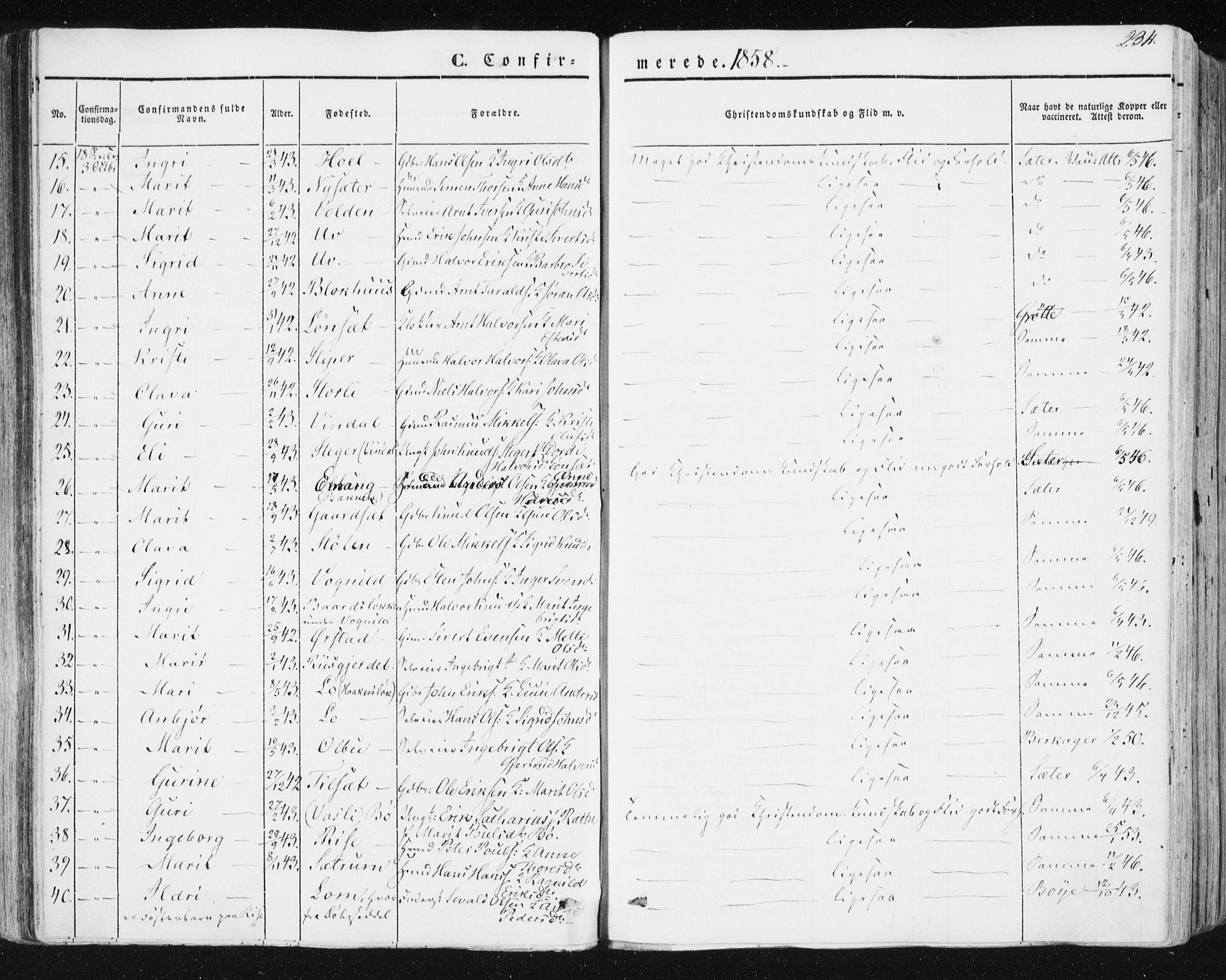 Ministerialprotokoller, klokkerbøker og fødselsregistre - Sør-Trøndelag, SAT/A-1456/678/L0899: Parish register (official) no. 678A08, 1848-1872, p. 234