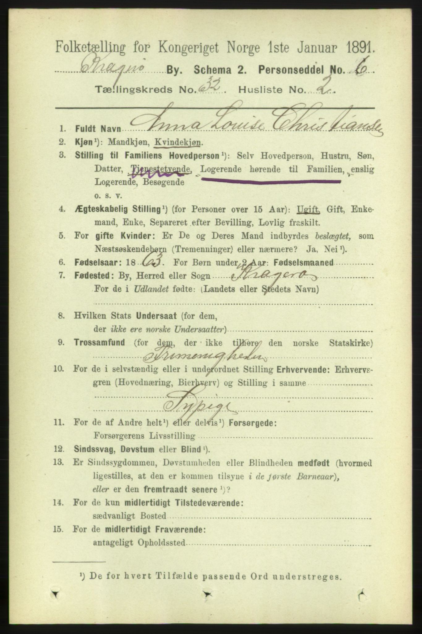 RA, 1891 census for 0801 Kragerø, 1891, p. 5798