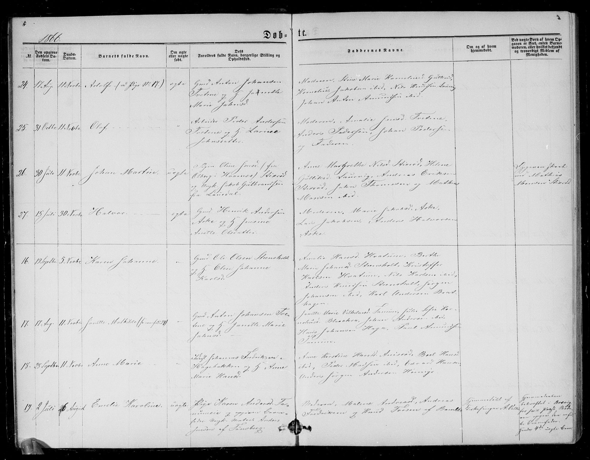 Brunlanes kirkebøker, AV/SAKO-A-342/G/Ga/L0002: Parish register (copy) no. I 2, 1866-1876, p. 6