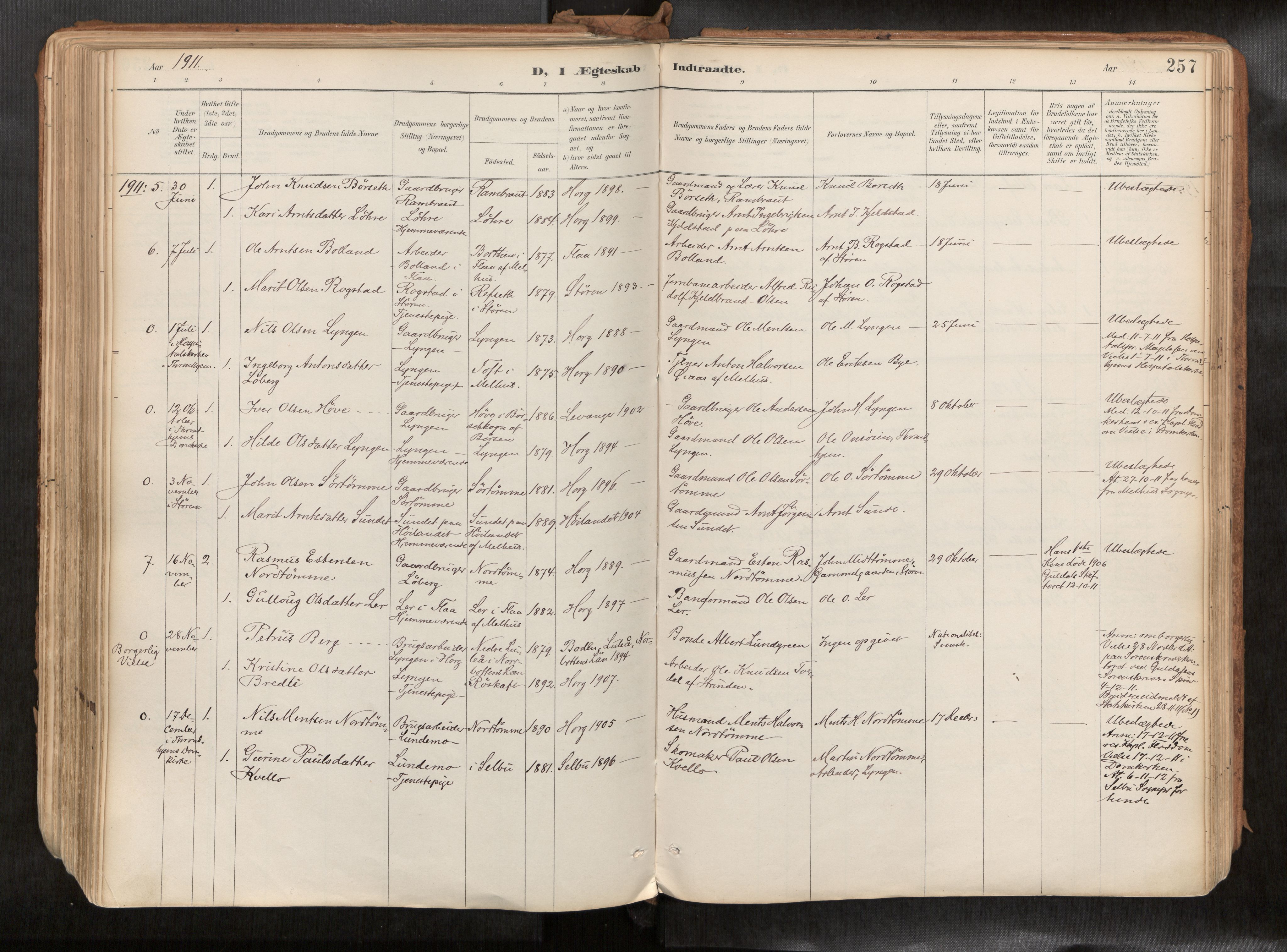 Ministerialprotokoller, klokkerbøker og fødselsregistre - Sør-Trøndelag, SAT/A-1456/692/L1105b: Parish register (official) no. 692A06, 1891-1934, p. 257